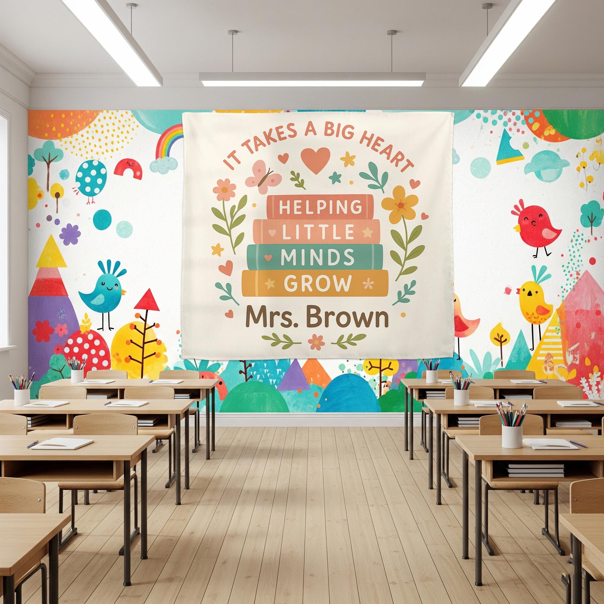 Personalized Teacher Tapestry, Helping Little Minds Grow Wall Art, Custom Classroom Decor, Teacher Appreciation Gift, Name Banner