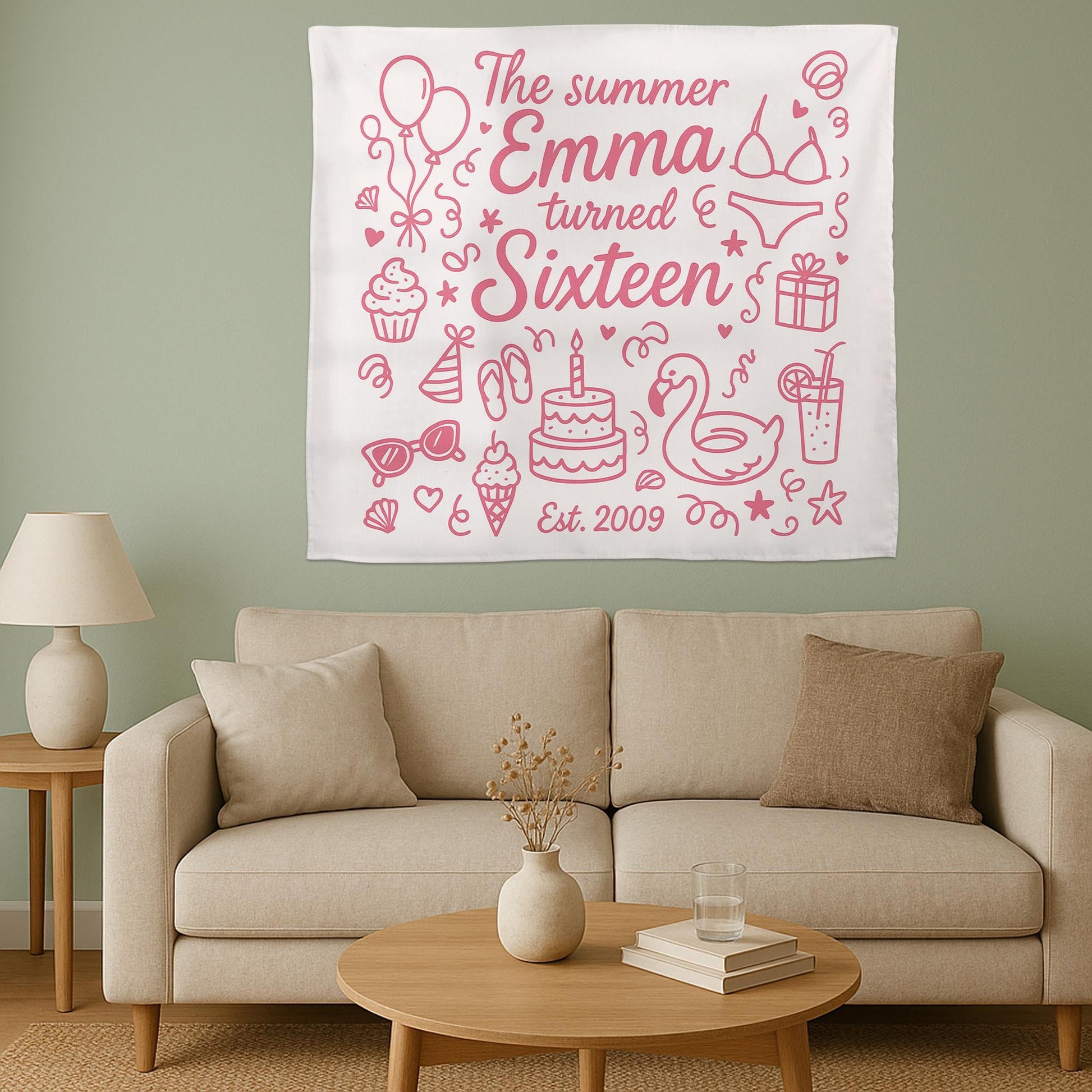 Sweet 16 Birthday Tapestry, Custom Name Summer Party Wall Decor, Teen Girl Room Banner, Sixteenth Birthday Gift, Pool Party Backdrop