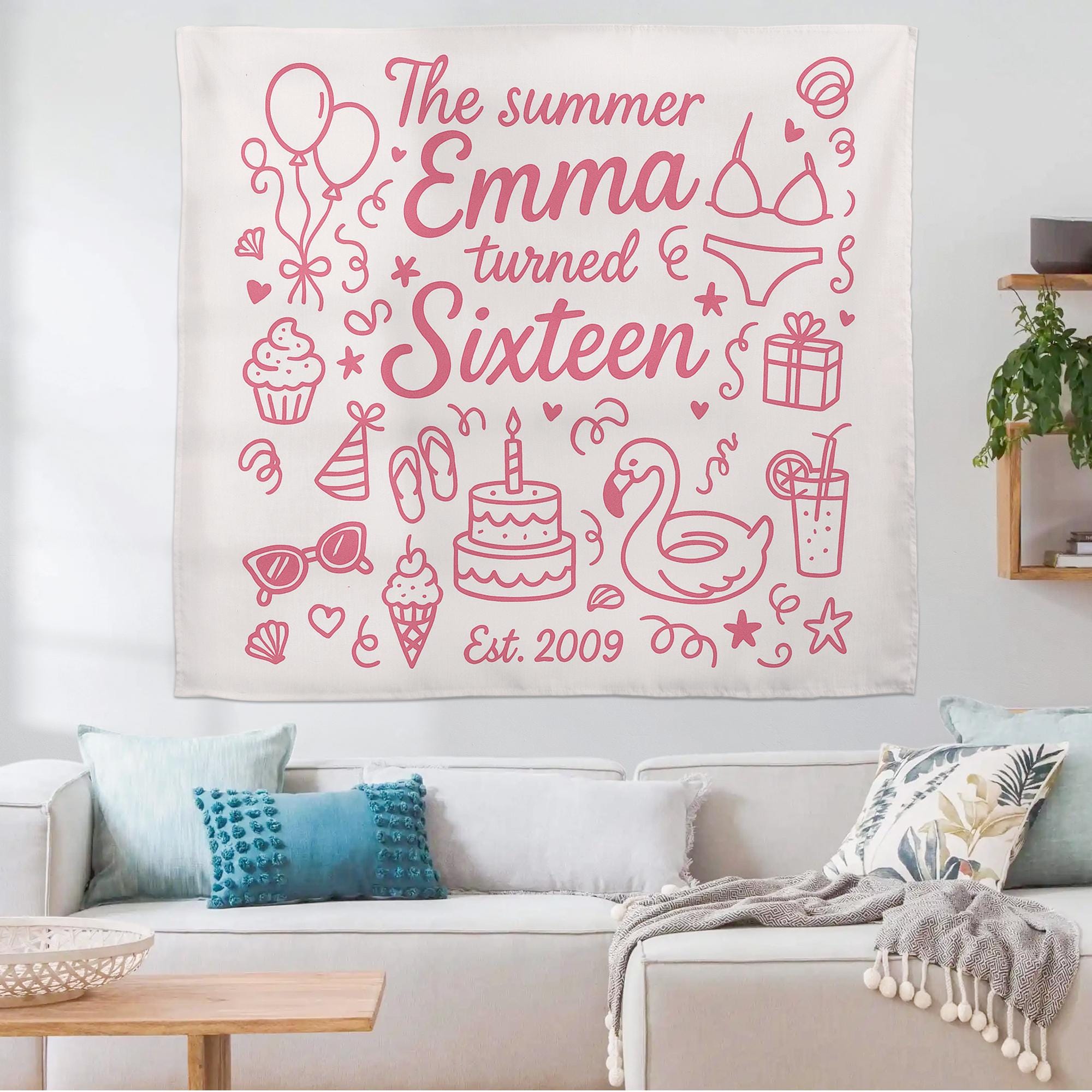 Sweet 16 Birthday Tapestry, Custom Name Summer Party Wall Decor, Teen Girl Room Banner, Sixteenth Birthday Gift, Pool Party Backdrop