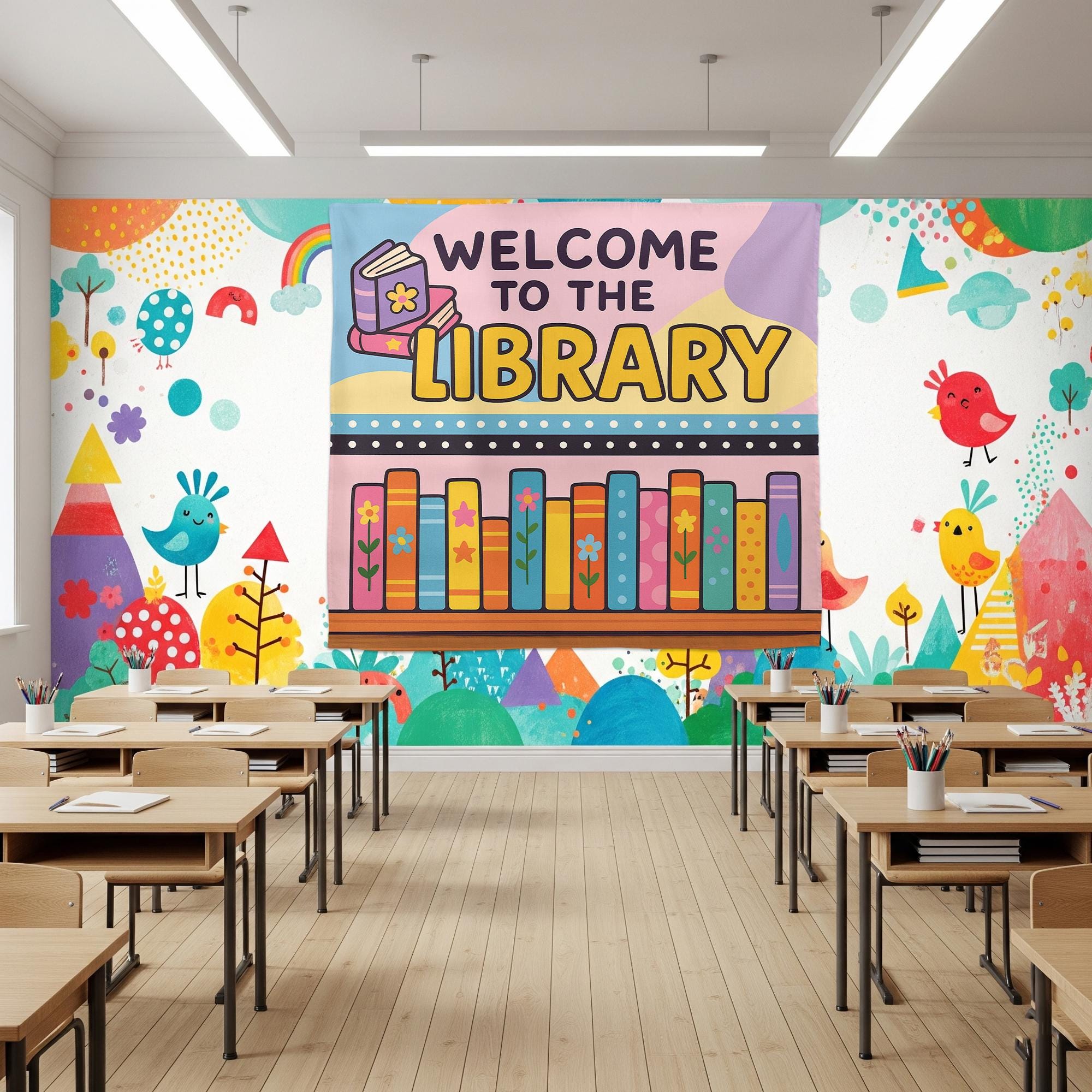 Welcome to the Library Tapestry, Colorful Book Wall Hanging, Classroom Reading Decor, School Library Banner, Kids Literacy Sign
