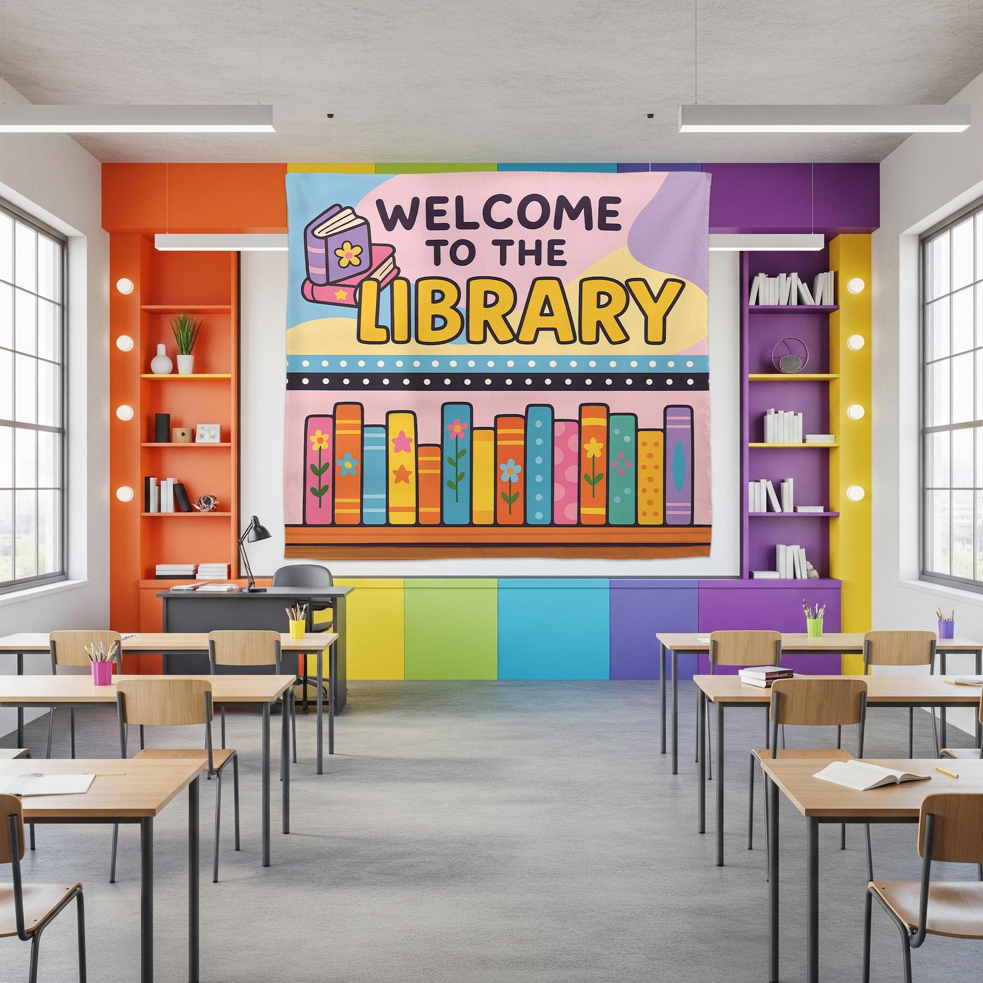 Welcome to the Library Tapestry, Colorful Book Wall Hanging, Classroom Reading Decor, School Library Banner, Kids Literacy Sign