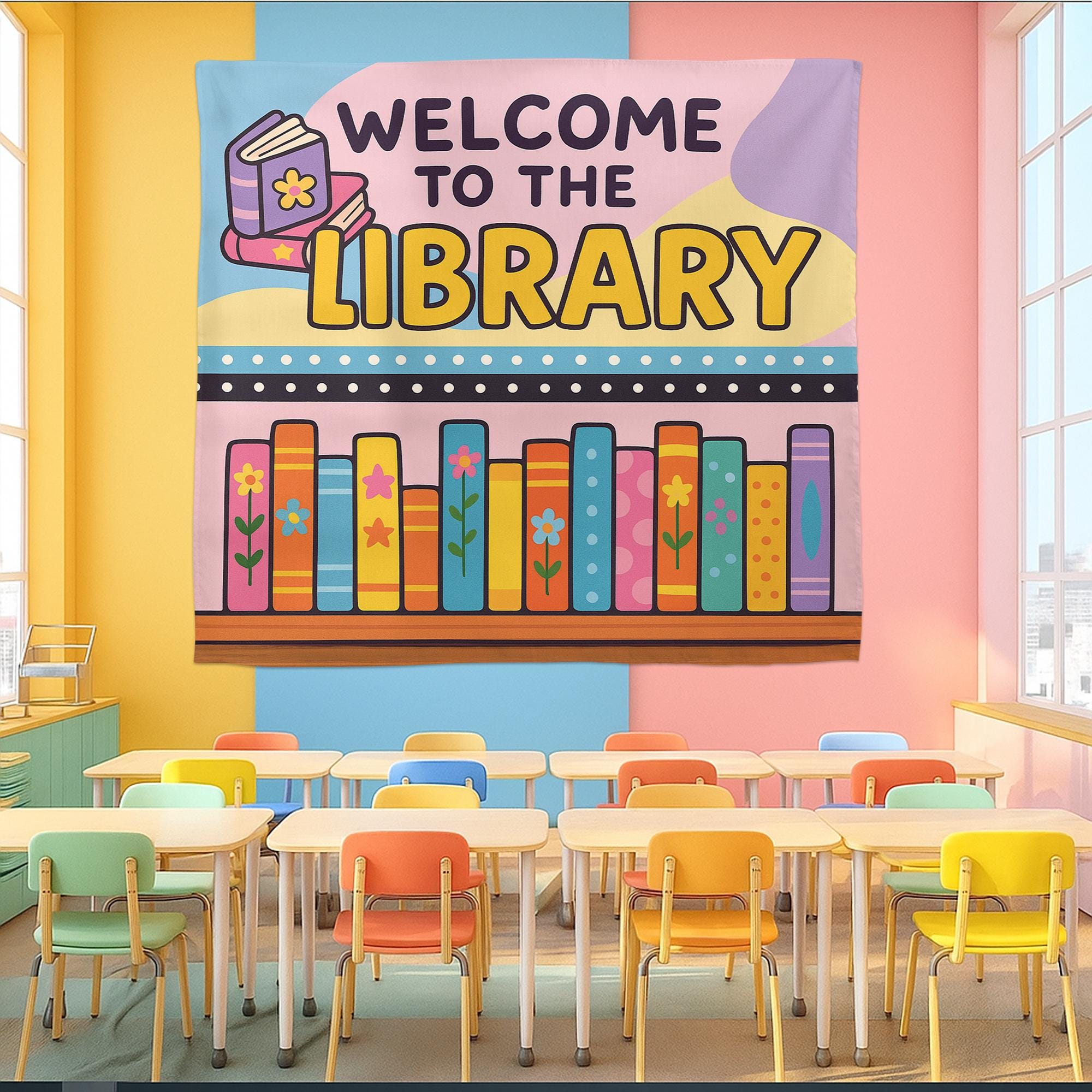 Welcome to the Library Tapestry, Colorful Book Wall Hanging, Classroom Reading Decor, School Library Banner, Kids Literacy Sign