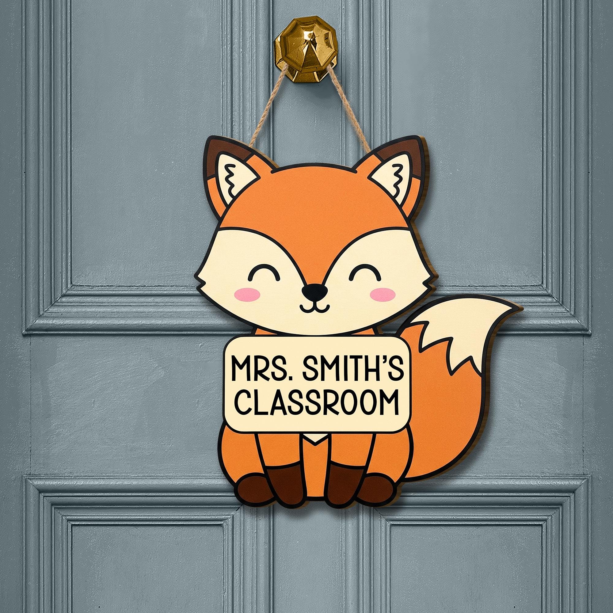 Personalized Fox Classroom Door Sign – Cute Teacher Name Sign, Woodland Animal Decor, Back to School Gift, Custom Teacher Hanger, Fox Sign