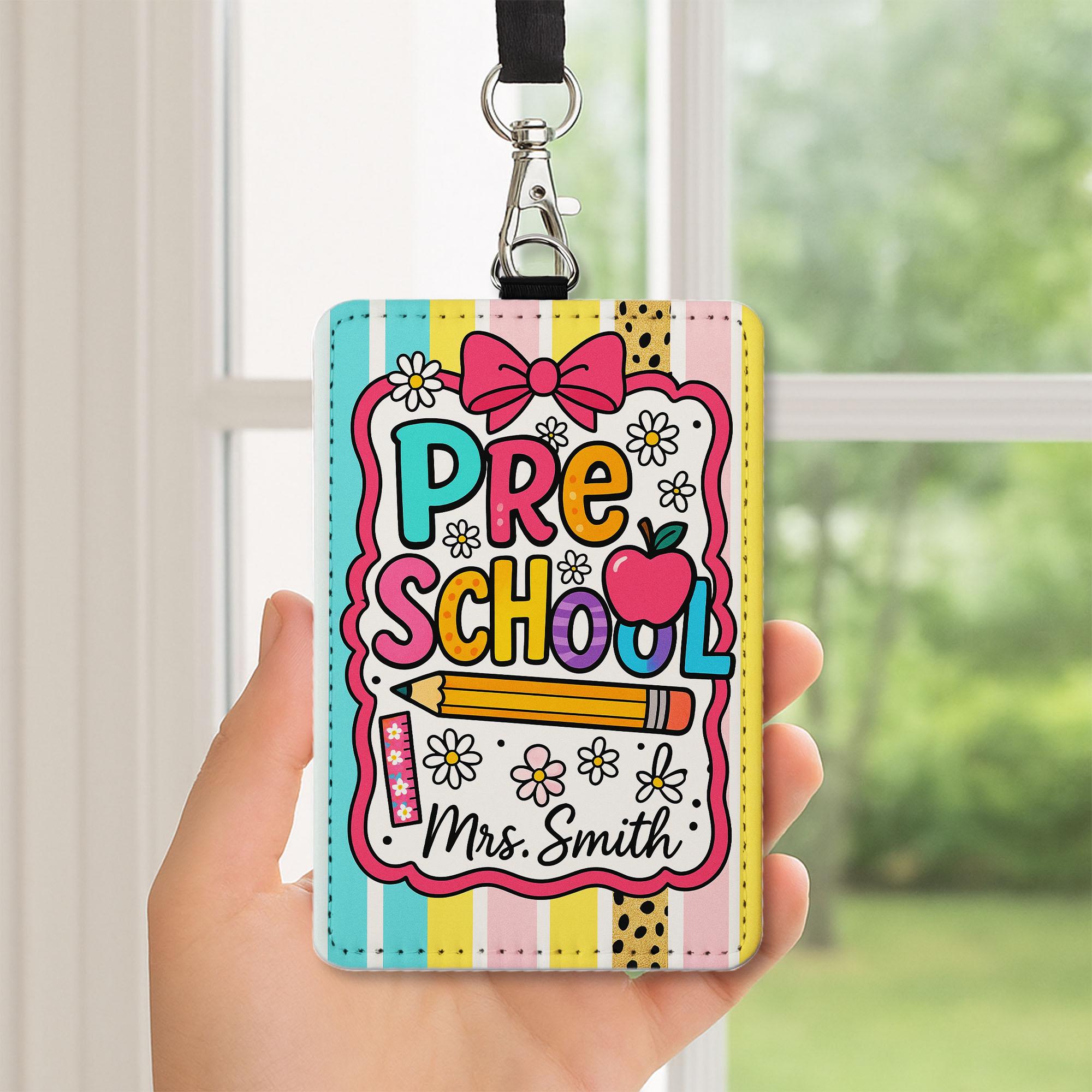 Preschool Teacher Badge Holder, Custom Name ID Lanyard, Cute Apple Pencil Design, Colorful Back to School Gift, Classroom Accessory