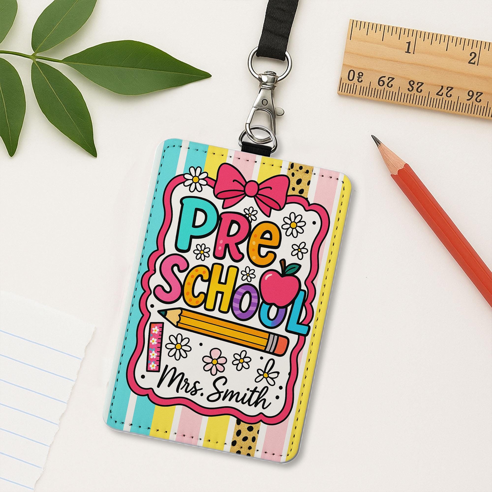 Preschool Teacher Badge Holder, Custom Name ID Lanyard, Cute Apple Pencil Design, Colorful Back to School Gift, Classroom Accessory