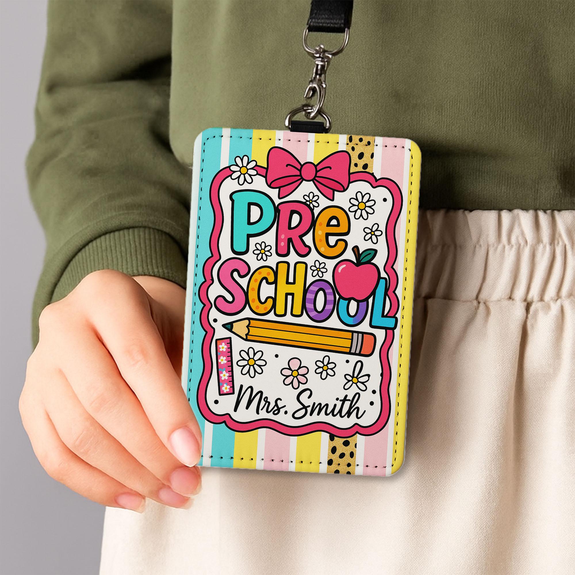 Preschool Teacher Badge Holder, Custom Name ID Lanyard, Cute Apple Pencil Design, Colorful Back to School Gift, Classroom Accessory