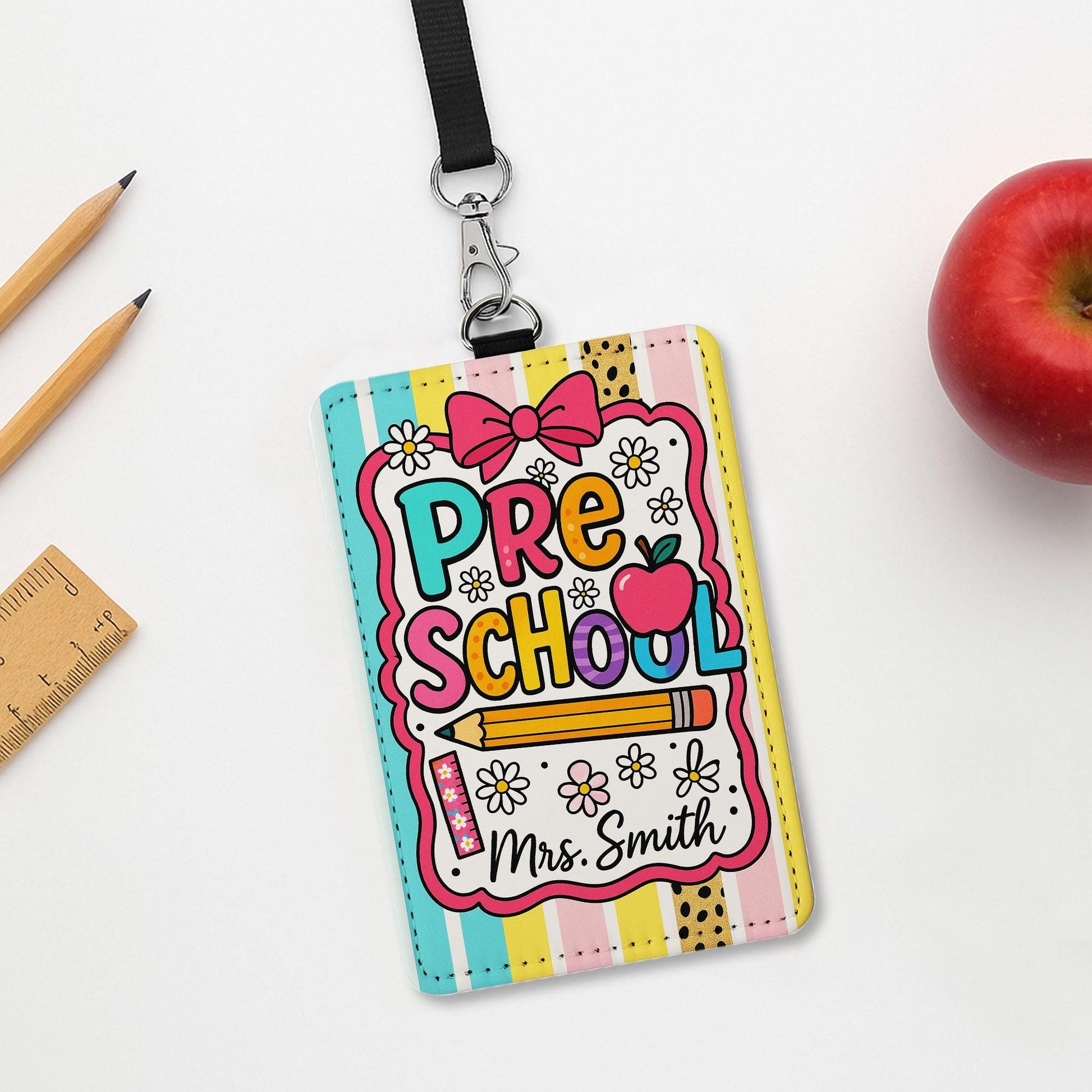 Preschool Teacher Badge Holder, Custom Name ID Lanyard, Cute Apple Pencil Design, Colorful Back to School Gift, Classroom Accessory