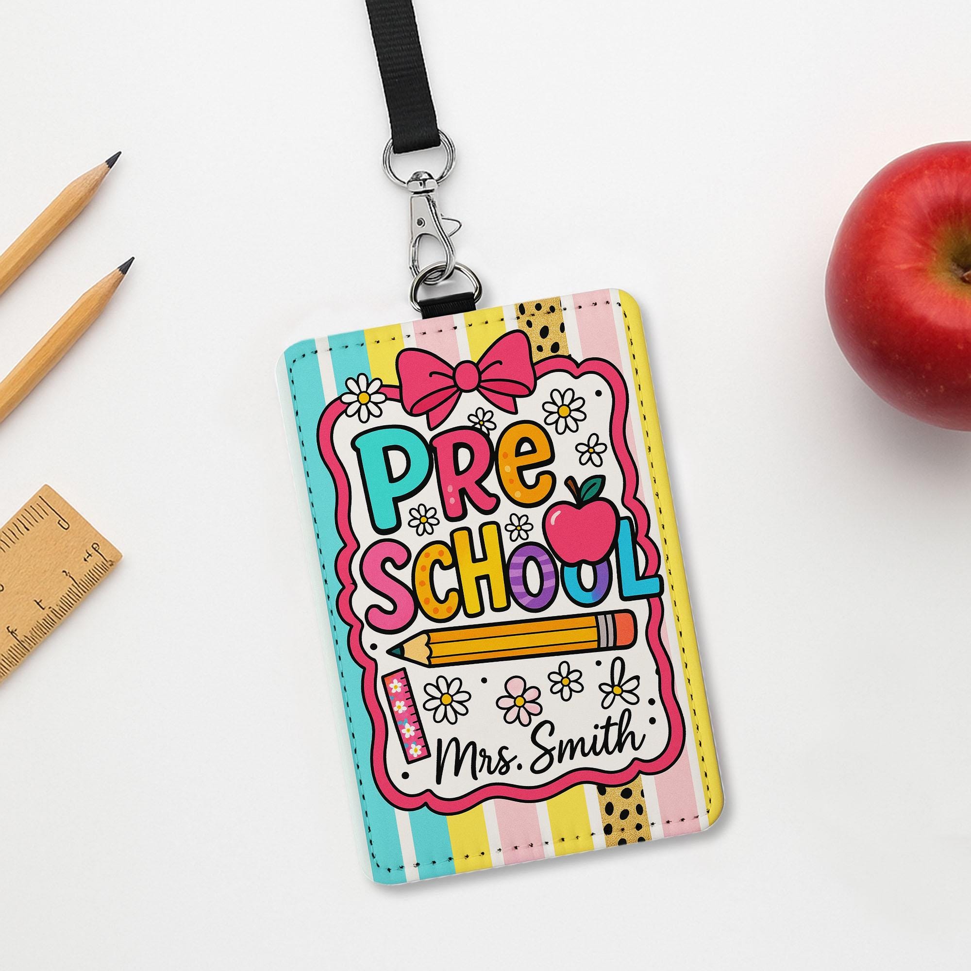 Preschool Teacher Badge Holder, Custom Name ID Lanyard, Cute Apple Pencil Design, Colorful Back to School Gift, Classroom Accessory