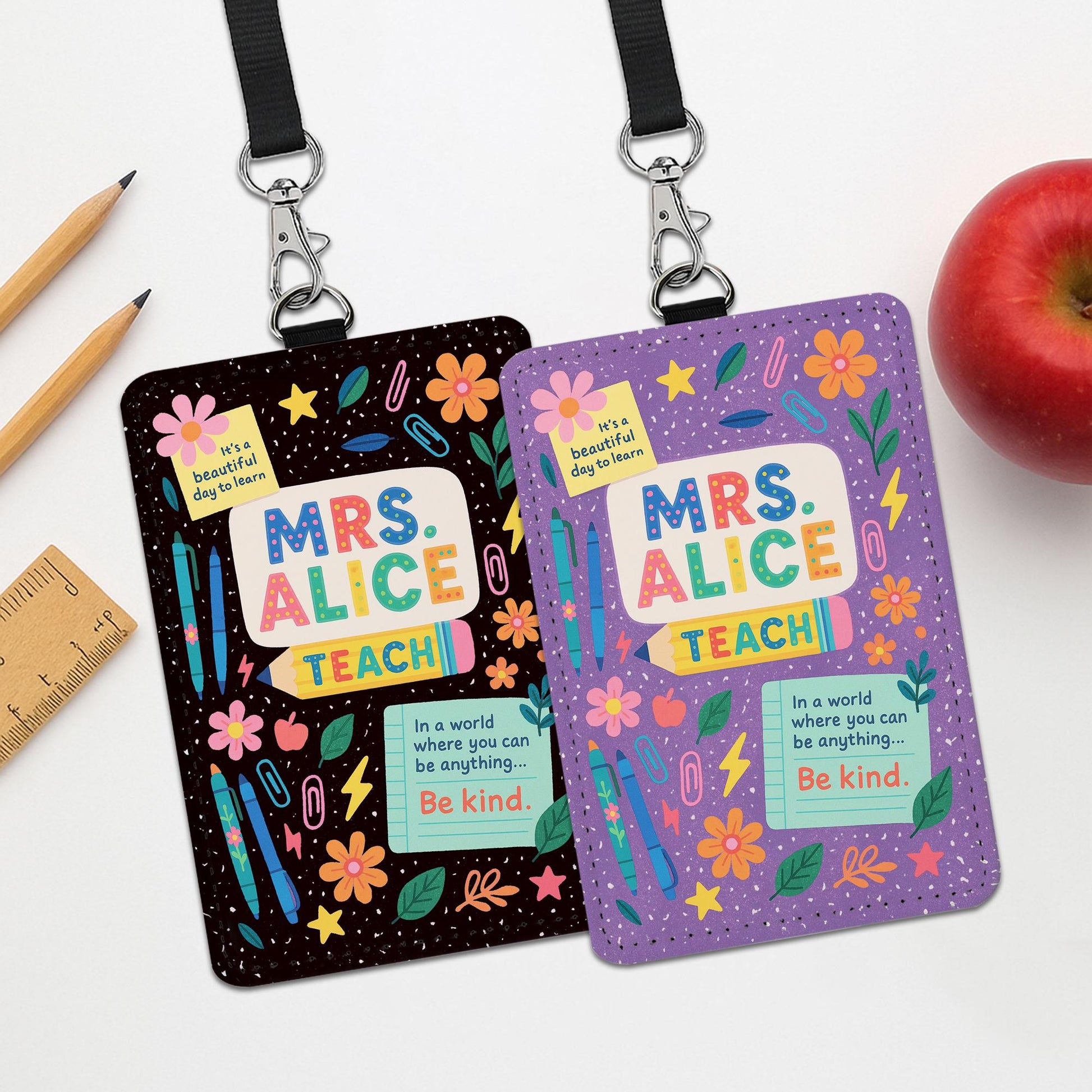 Personalized Teacher Badge Holder, Cute Classroom ID Card, Custom Name Lanyard Card, Back to School Teacher Gift, Be Kind Design
