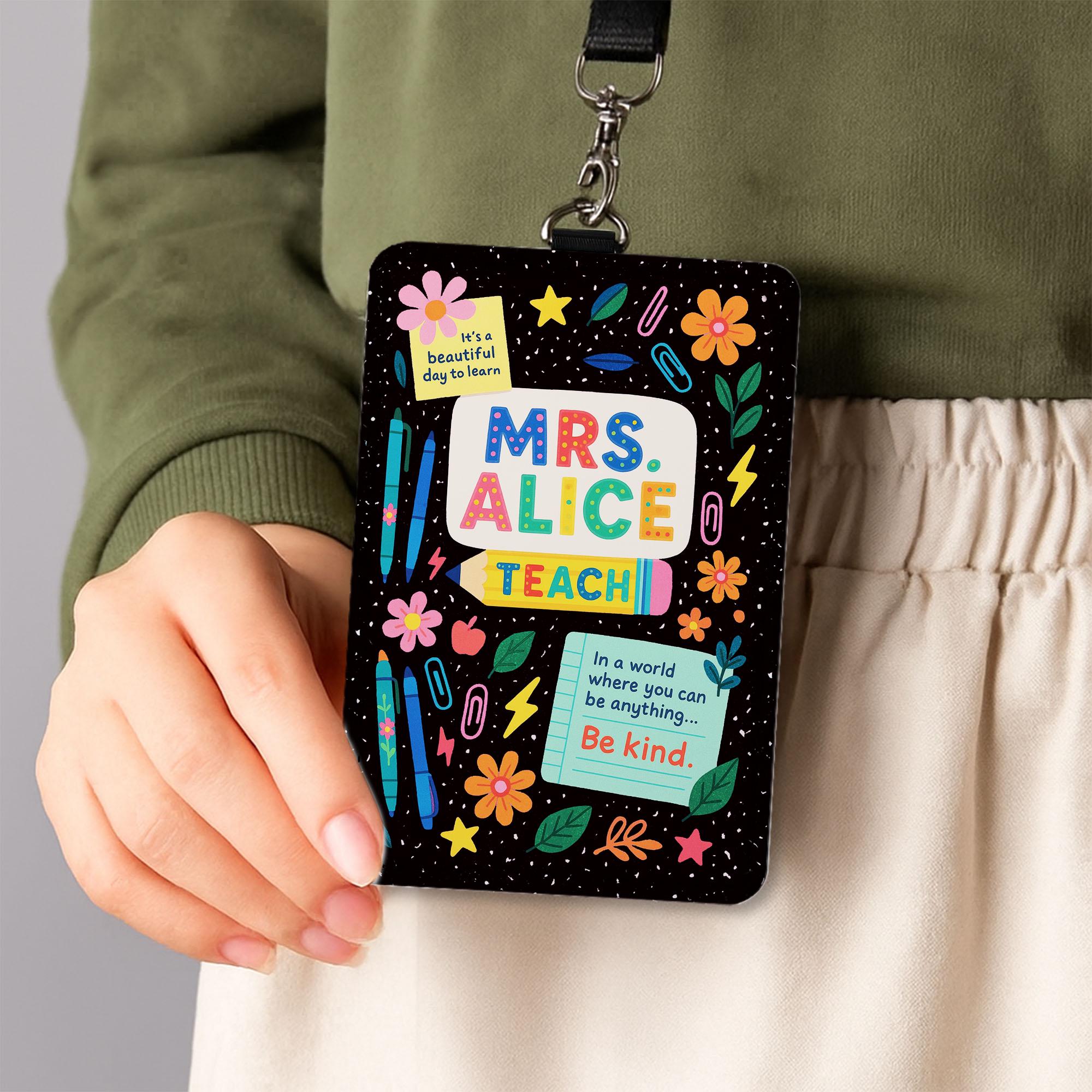 Personalized Teacher Badge Holder, Cute Classroom ID Card, Custom Name Lanyard Card, Back to School Teacher Gift, Be Kind Design