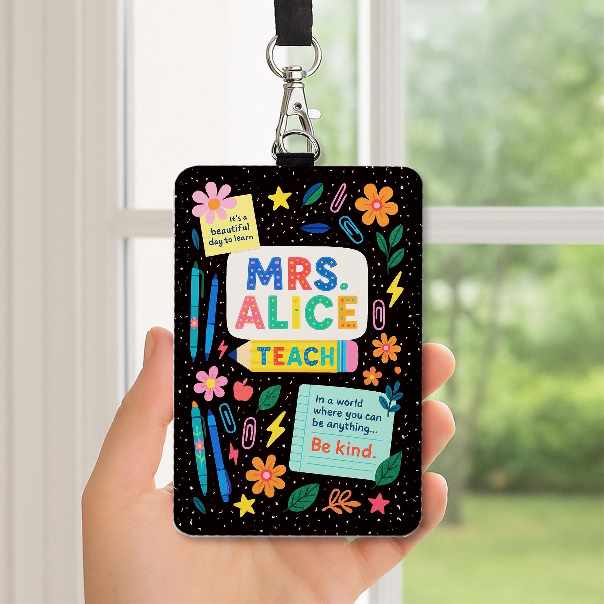 Personalized Teacher Badge Holder, Cute Classroom ID Card, Custom Name Lanyard Card, Back to School Teacher Gift, Be Kind Design