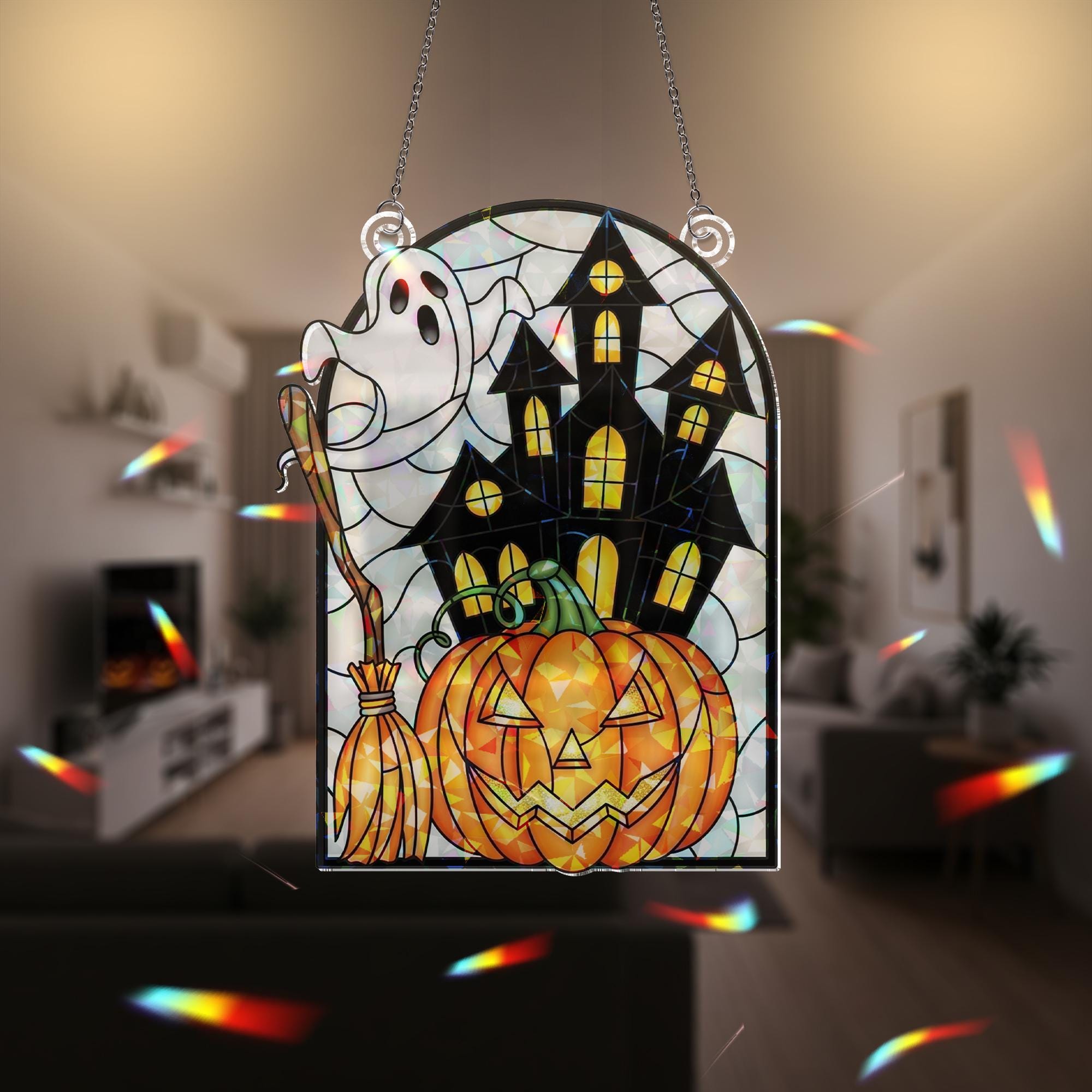 Halloween Ghost Pumpkin ACRYLIC Suncatcher, Acrylic Holographic Window Decor, Haunted House Hanging Sign, Spooky Fall Decoration