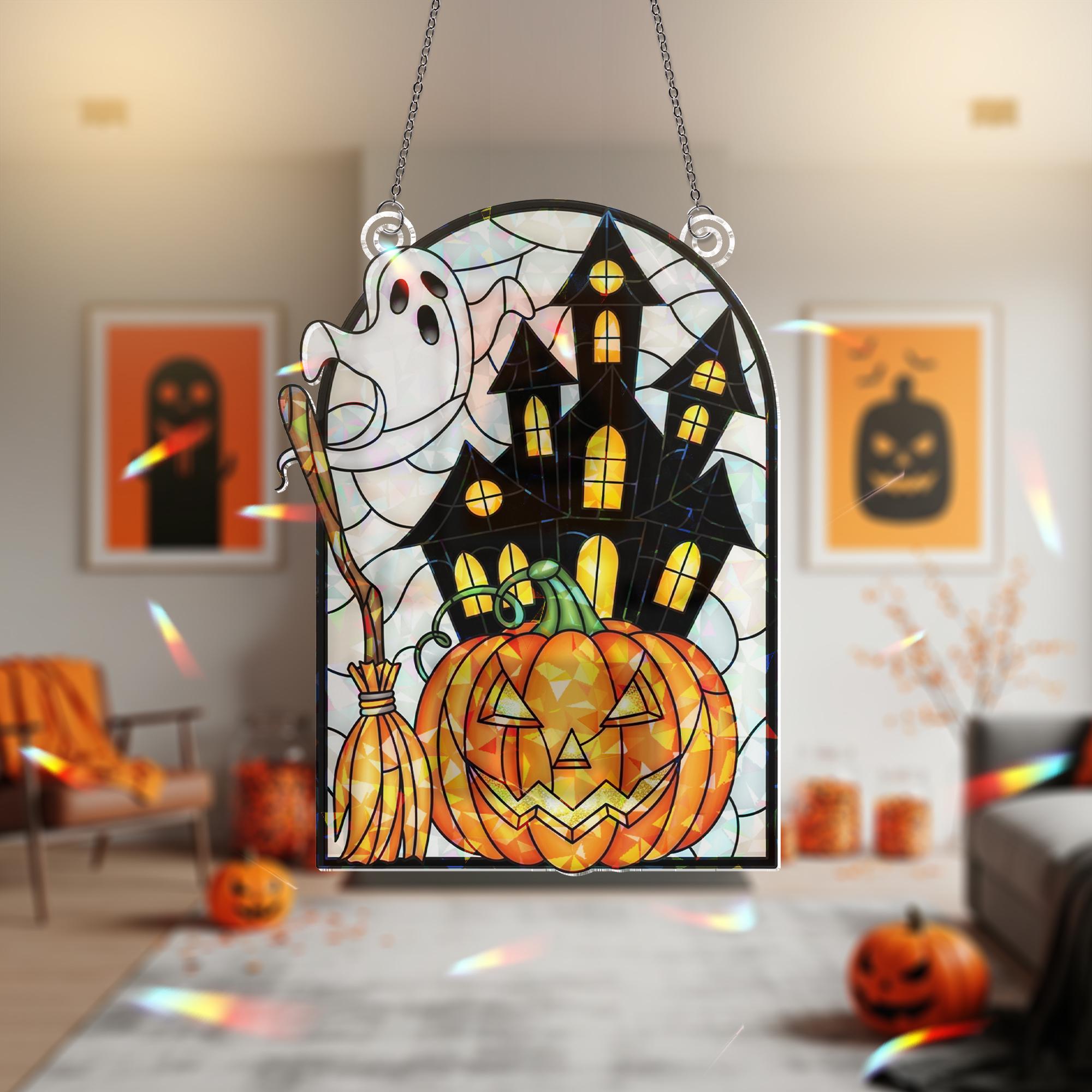 Halloween Ghost Pumpkin ACRYLIC Suncatcher, Acrylic Holographic Window Decor, Haunted House Hanging Sign, Spooky Fall Decoration