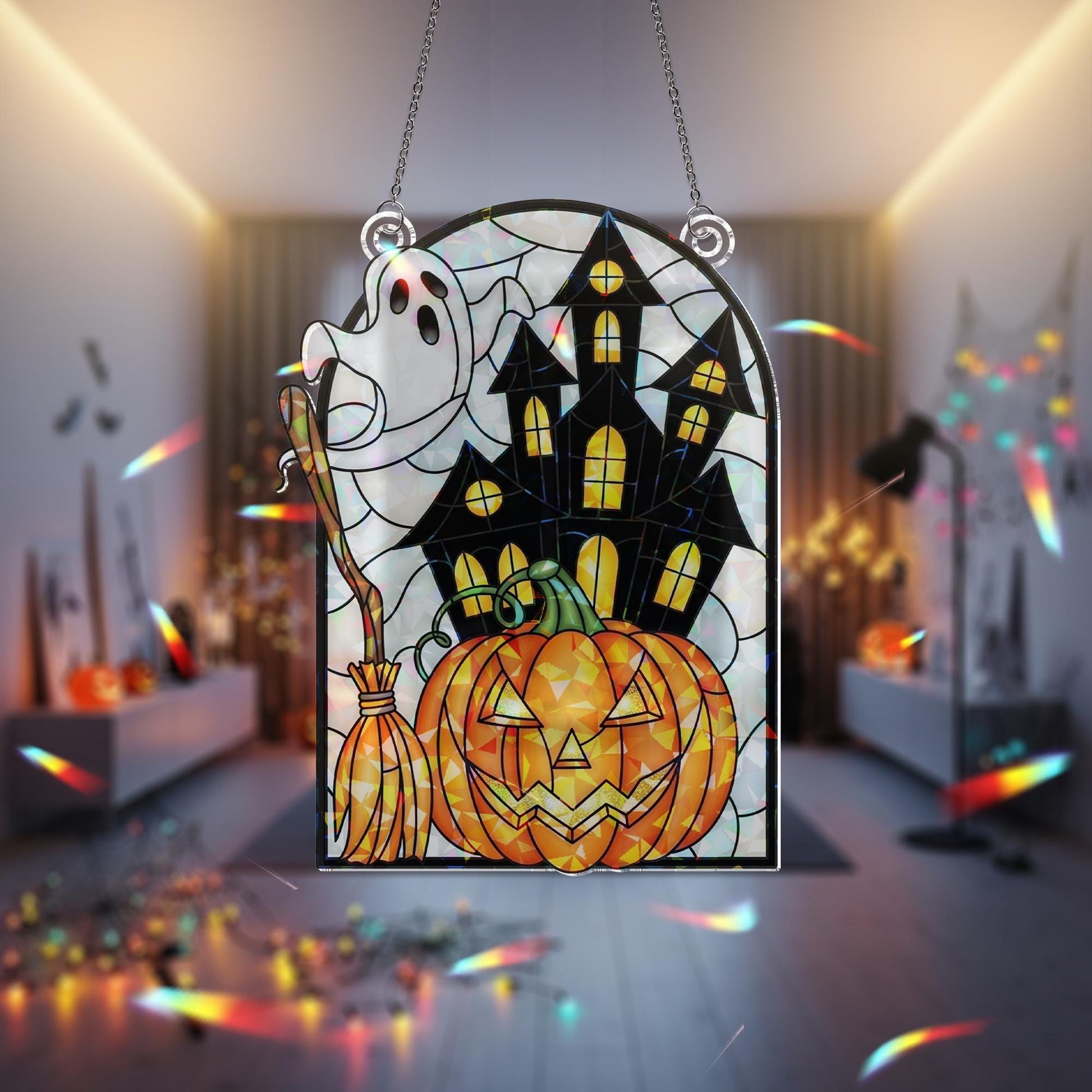 Halloween Ghost Pumpkin ACRYLIC Suncatcher, Acrylic Holographic Window Decor, Haunted House Hanging Sign, Spooky Fall Decoration