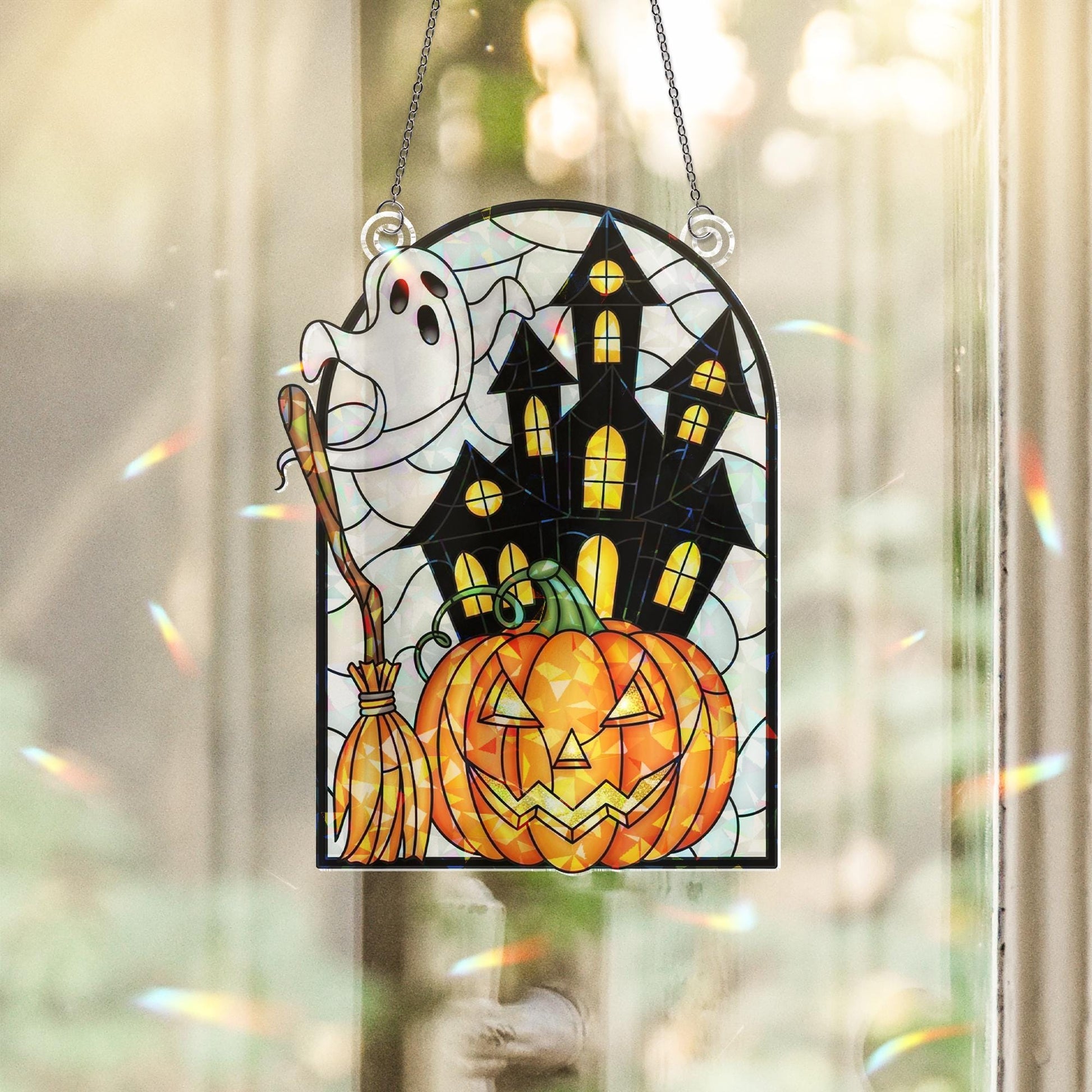 Halloween Ghost Pumpkin ACRYLIC Suncatcher, Acrylic Holographic Window Decor, Haunted House Hanging Sign, Spooky Fall Decoration