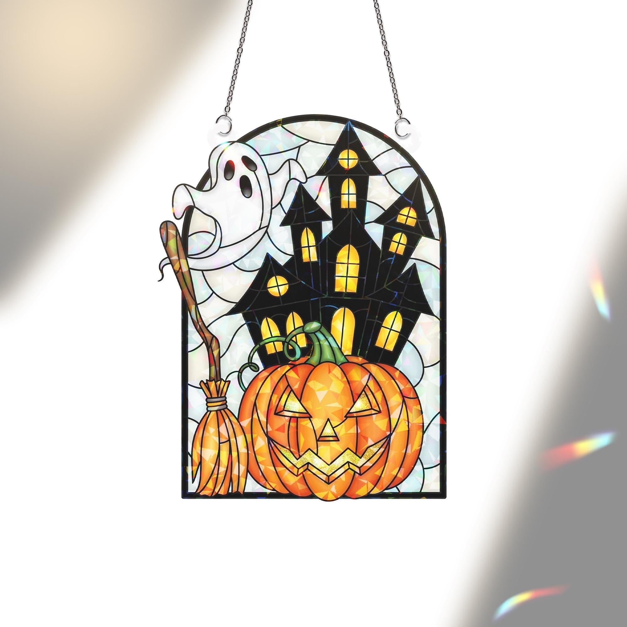 Halloween Ghost Pumpkin ACRYLIC Suncatcher, Acrylic Holographic Window Decor, Haunted House Hanging Sign, Spooky Fall Decoration