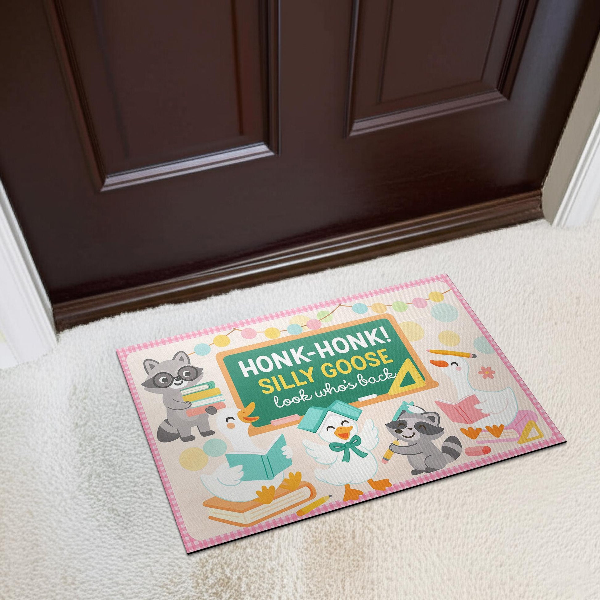 Silly Goose Classroom Doormat – Funny Teacher Welcome Mat, Honk Honk Back to School Rug, Raccoon and Goose Classroom Decor, Teacher Gift