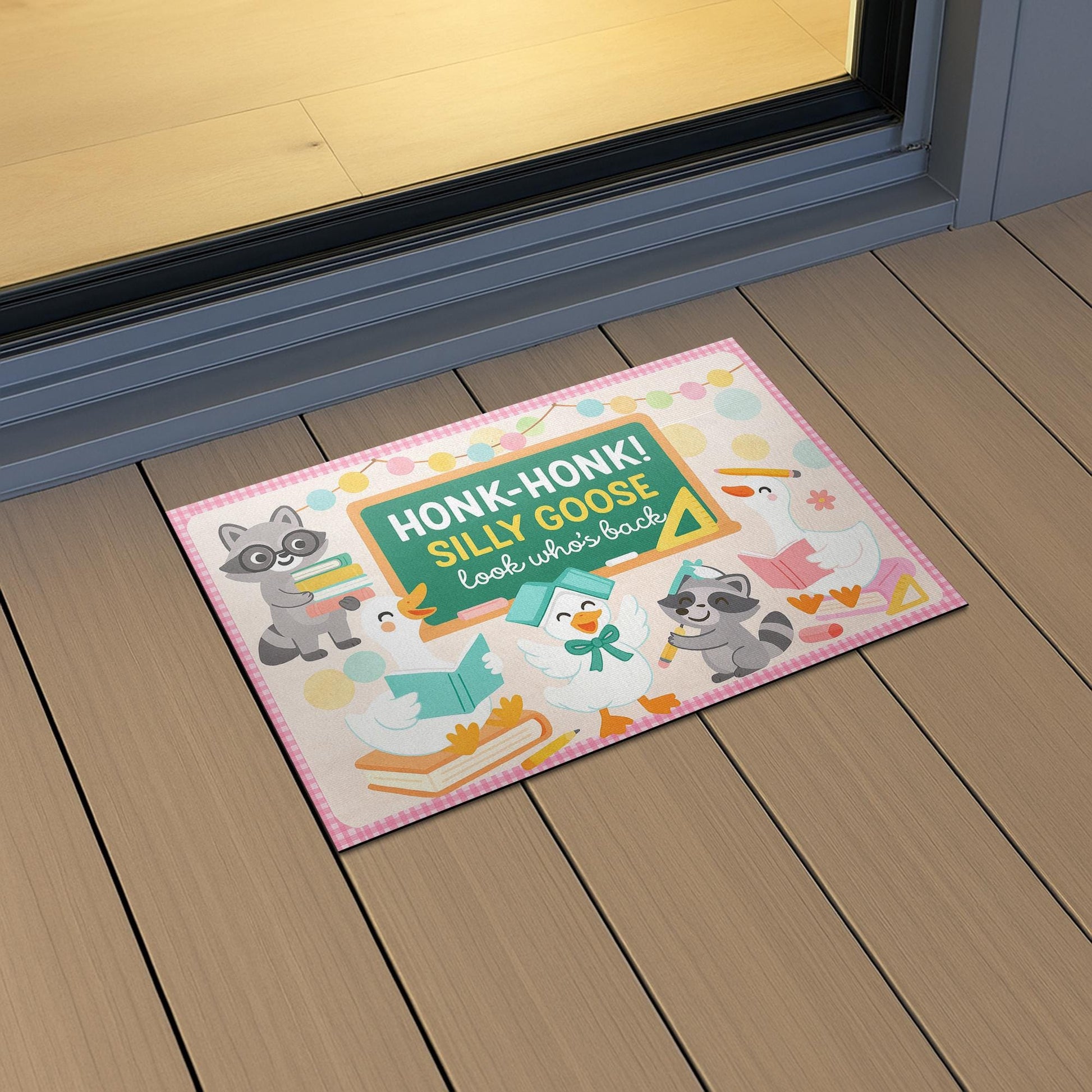Silly Goose Classroom Doormat – Funny Teacher Welcome Mat, Honk Honk Back to School Rug, Raccoon and Goose Classroom Decor, Teacher Gift