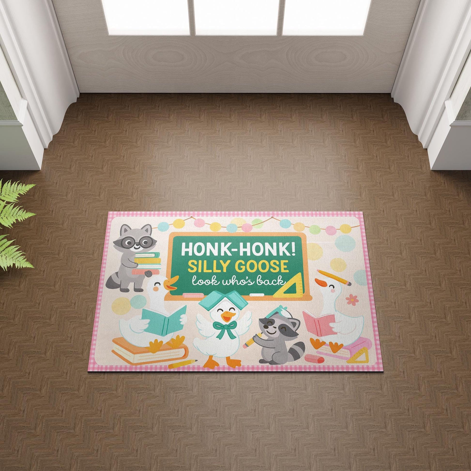 Silly Goose Classroom Doormat – Funny Teacher Welcome Mat, Honk Honk Back to School Rug, Raccoon and Goose Classroom Decor, Teacher Gift