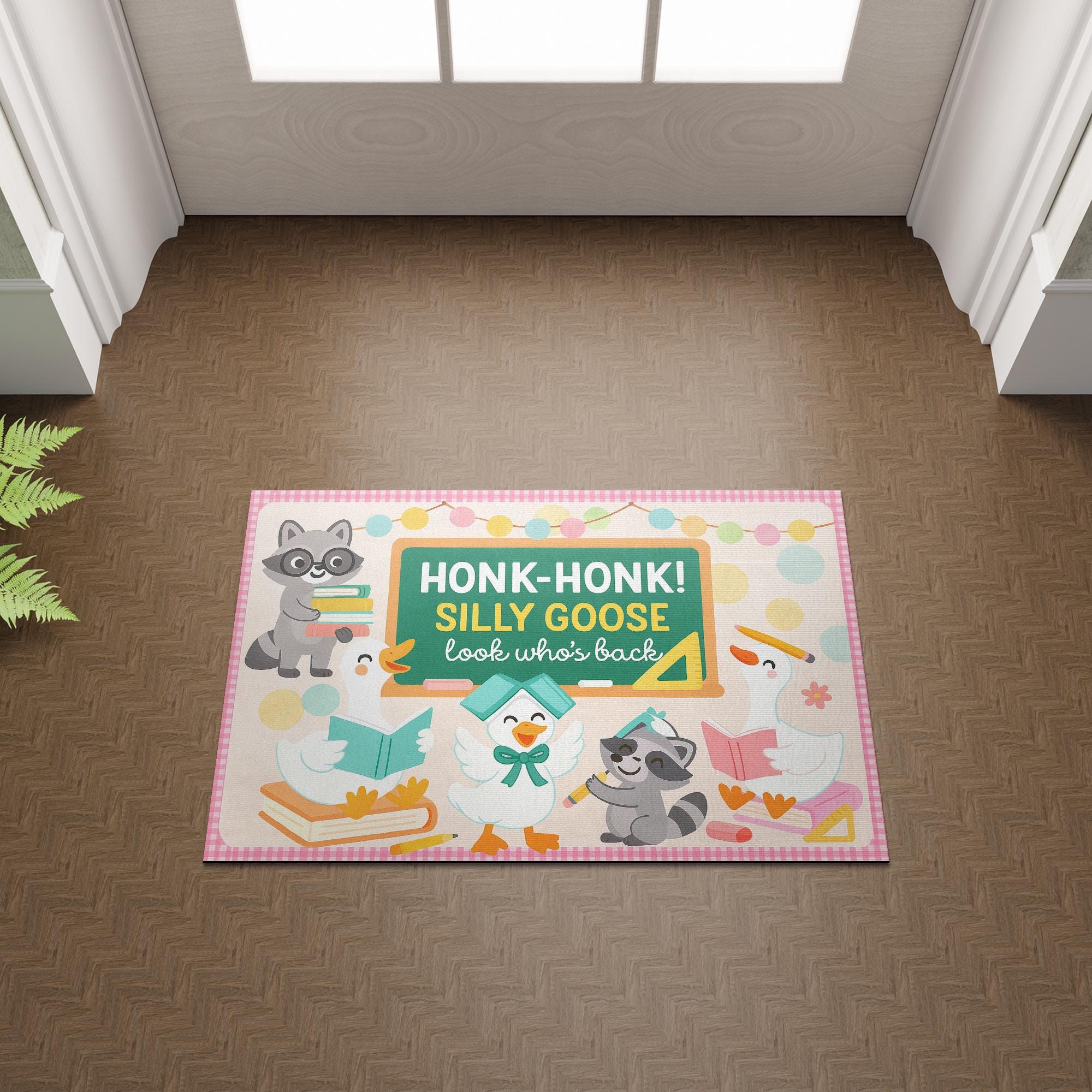 Silly Goose Classroom Doormat – Funny Teacher Welcome Mat, Honk Honk Back to School Rug, Raccoon and Goose Classroom Decor, Teacher Gift