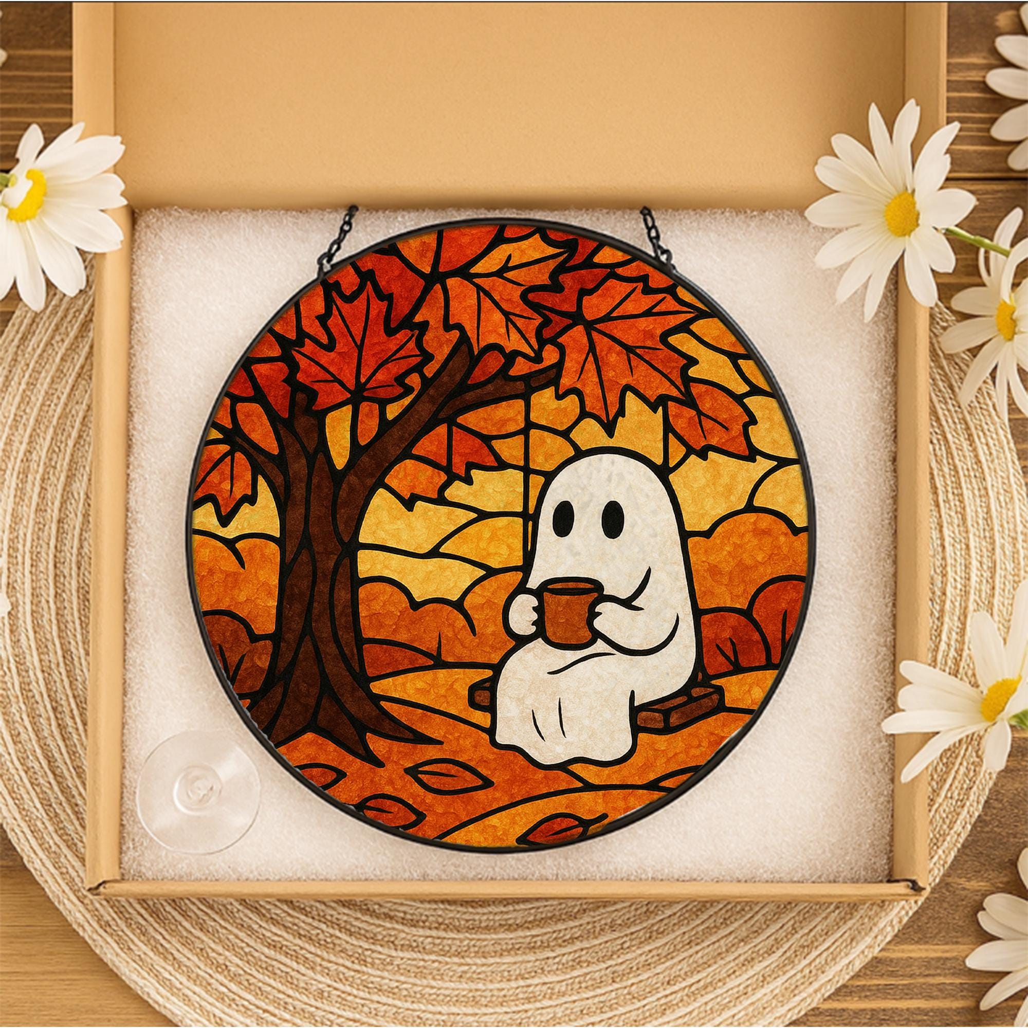 Cute Ghost Autumn Suncatcher, Cozy Fall Glass Window Decor, Halloween Swing Ghost Art, Stained Glass Effect Hanging Ornament
