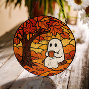 Cute Ghost Autumn Suncatcher, Cozy Fall Glass Window Decor, Halloween Swing Ghost Art, Stained Glass Effect Hanging Ornament