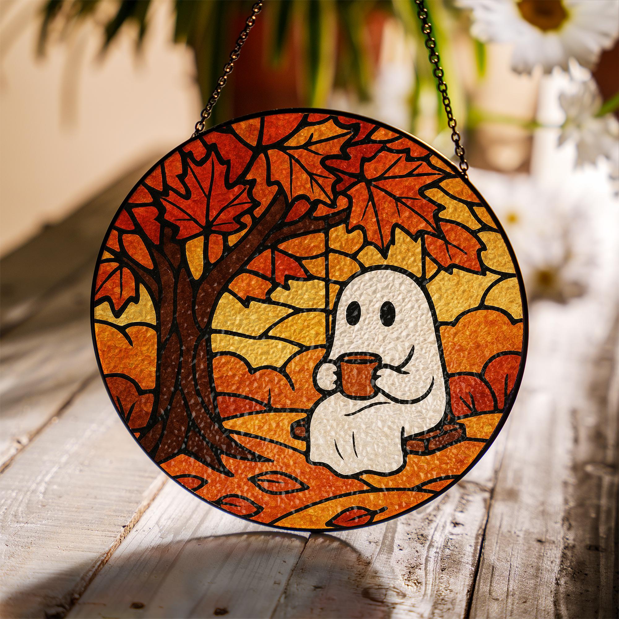Cute Ghost Autumn Suncatcher, Cozy Fall Glass Window Decor, Halloween Swing Ghost Art, Stained Glass Effect Hanging Ornament