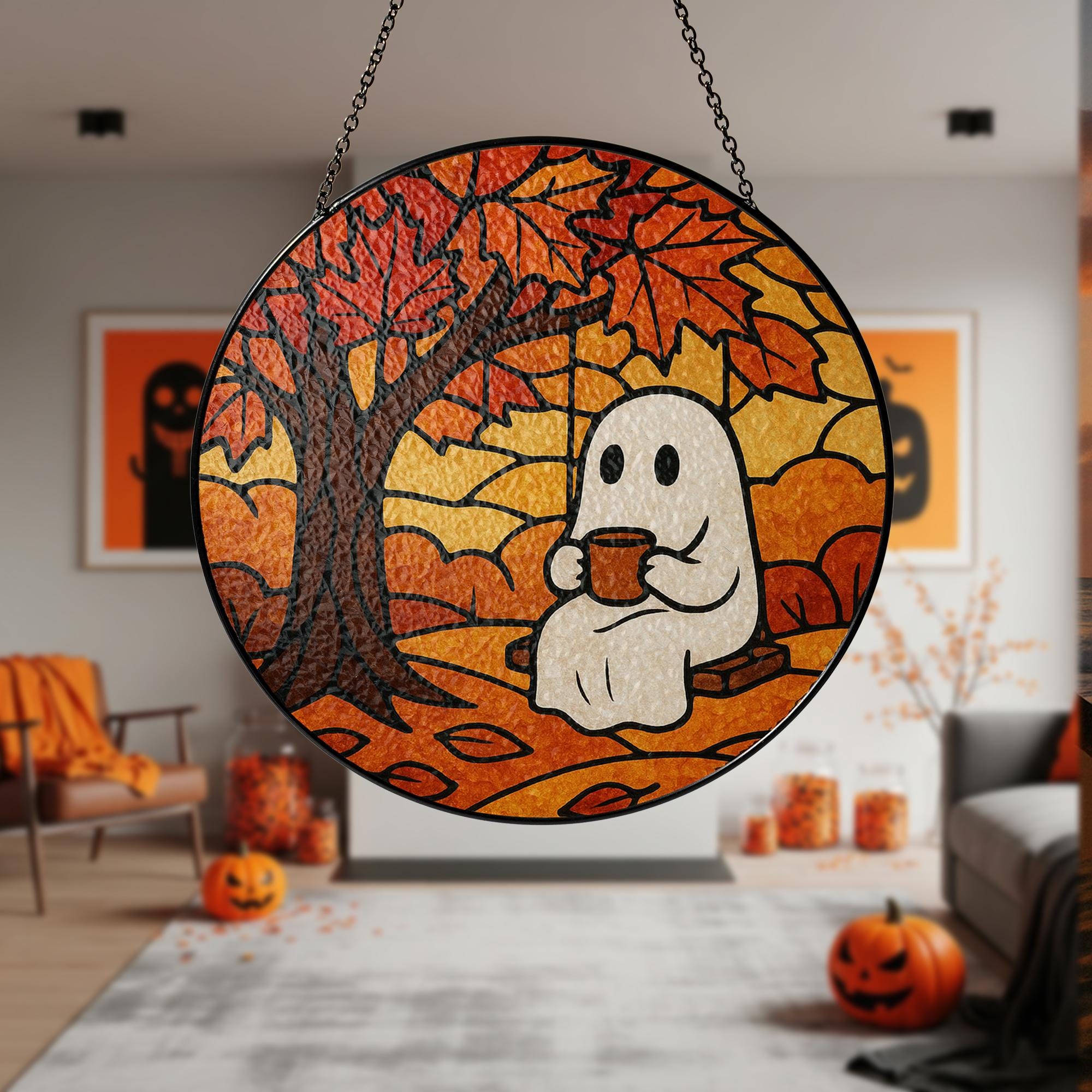 Cute Ghost Autumn Suncatcher, Cozy Fall Glass Window Decor, Halloween Swing Ghost Art, Stained Glass Effect Hanging Ornament