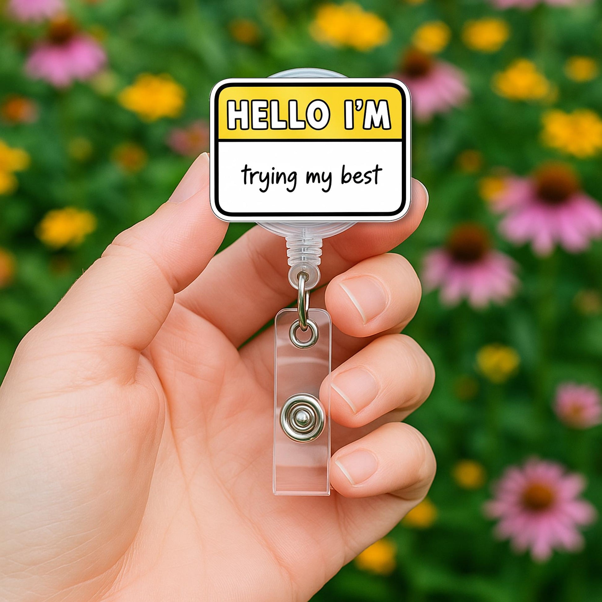 Funny “Hello I’m Trying My Best” Badge Reel – Cute ID Holder, Nurse Teacher Work Humor Accessory, Mental Health Gift, Work Accessories