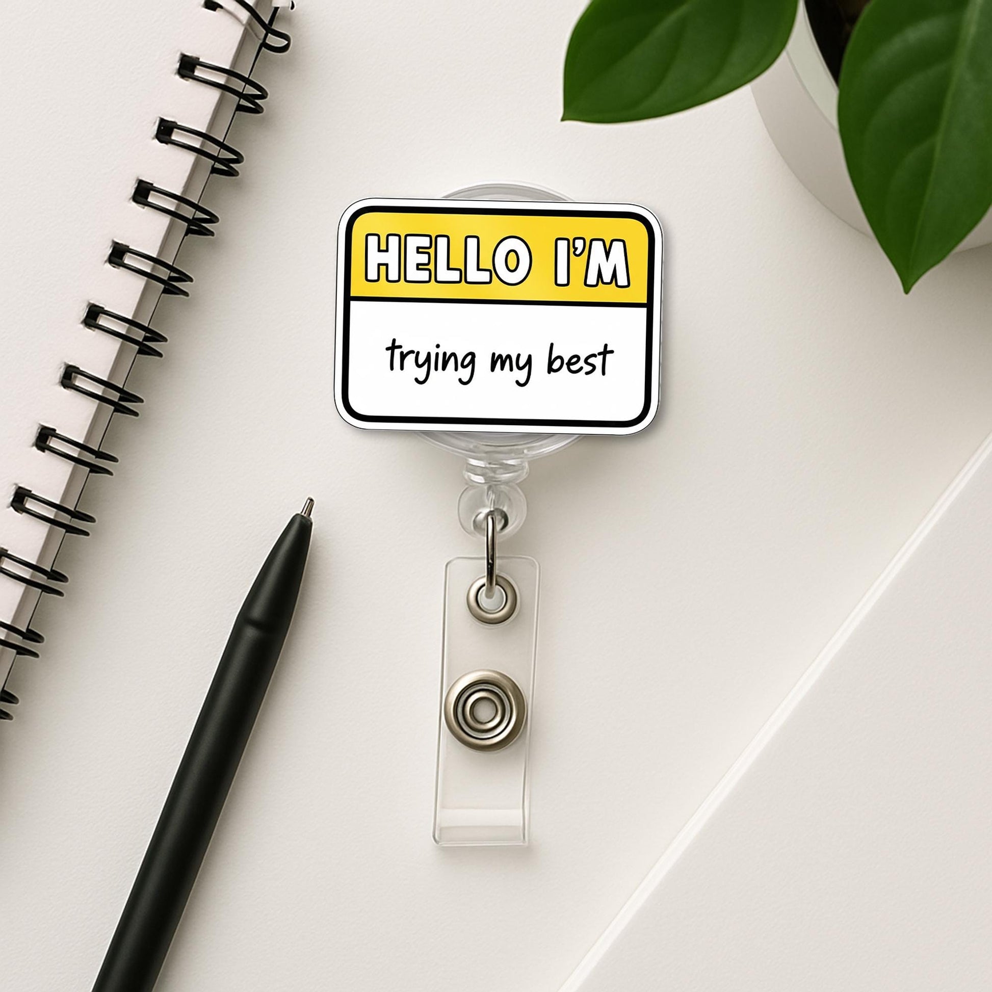 Funny “Hello I’m Trying My Best” Badge Reel – Cute ID Holder, Nurse Teacher Work Humor Accessory, Mental Health Gift, Work Accessories