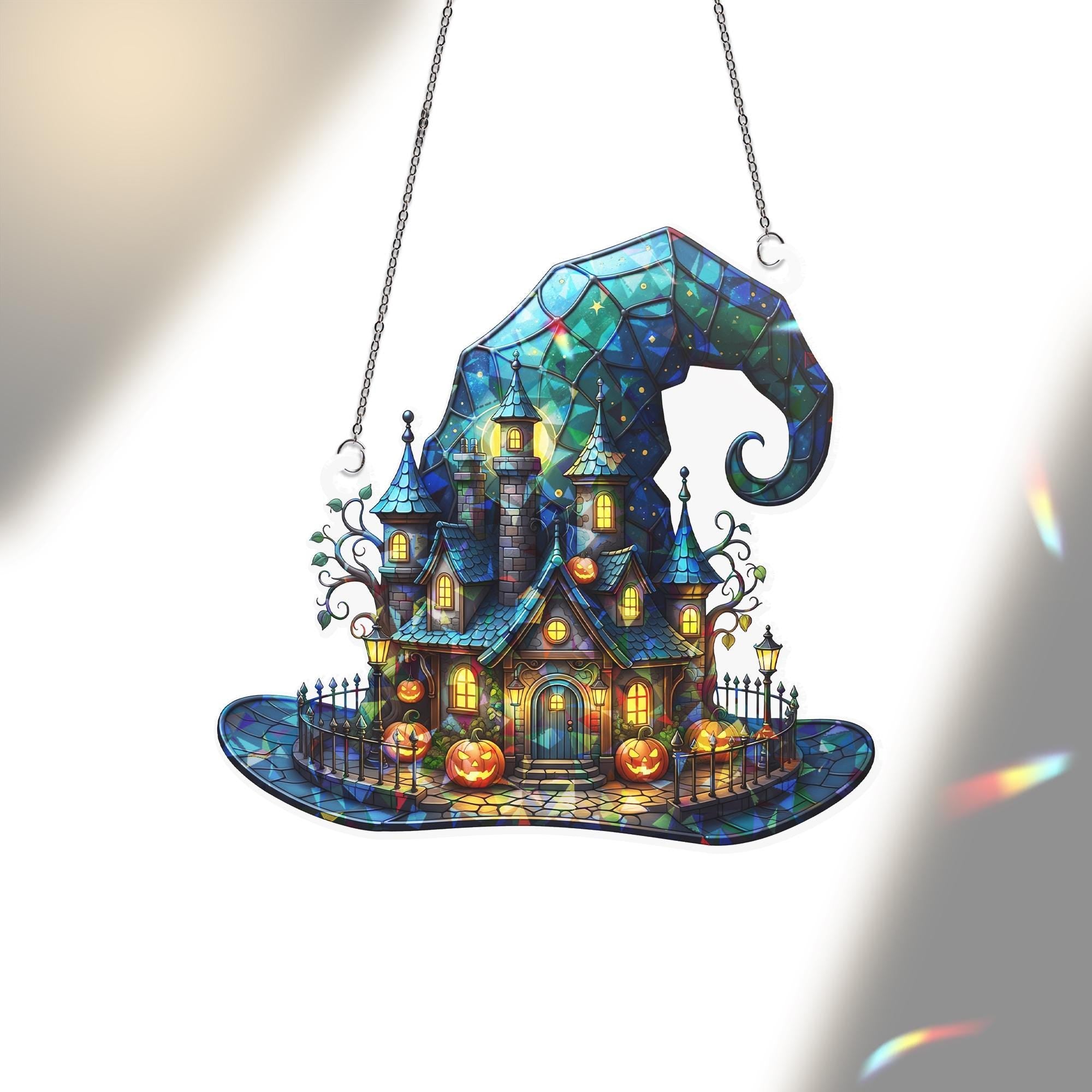 Flat Witch Hat House Hologram, Halloween Window Decor, Spooky Pumpkin Castle Art, Fall Witchy Hanging Accent for Home