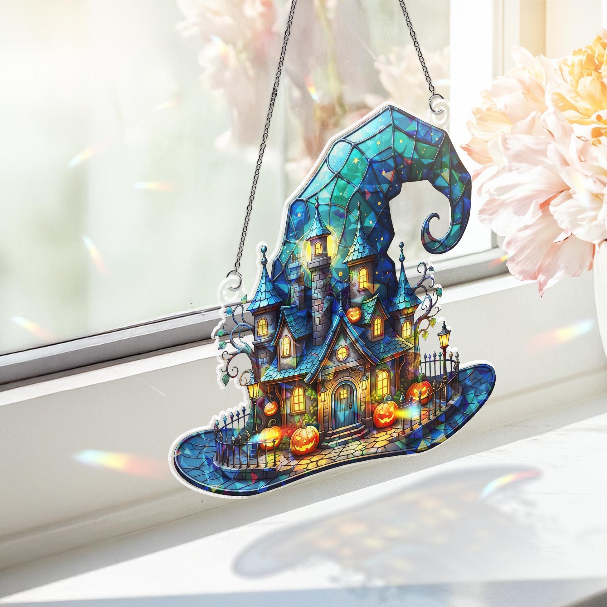 Flat Witch Hat House Hologram, Halloween Window Decor, Spooky Pumpkin Castle Art, Fall Witchy Hanging Accent for Home