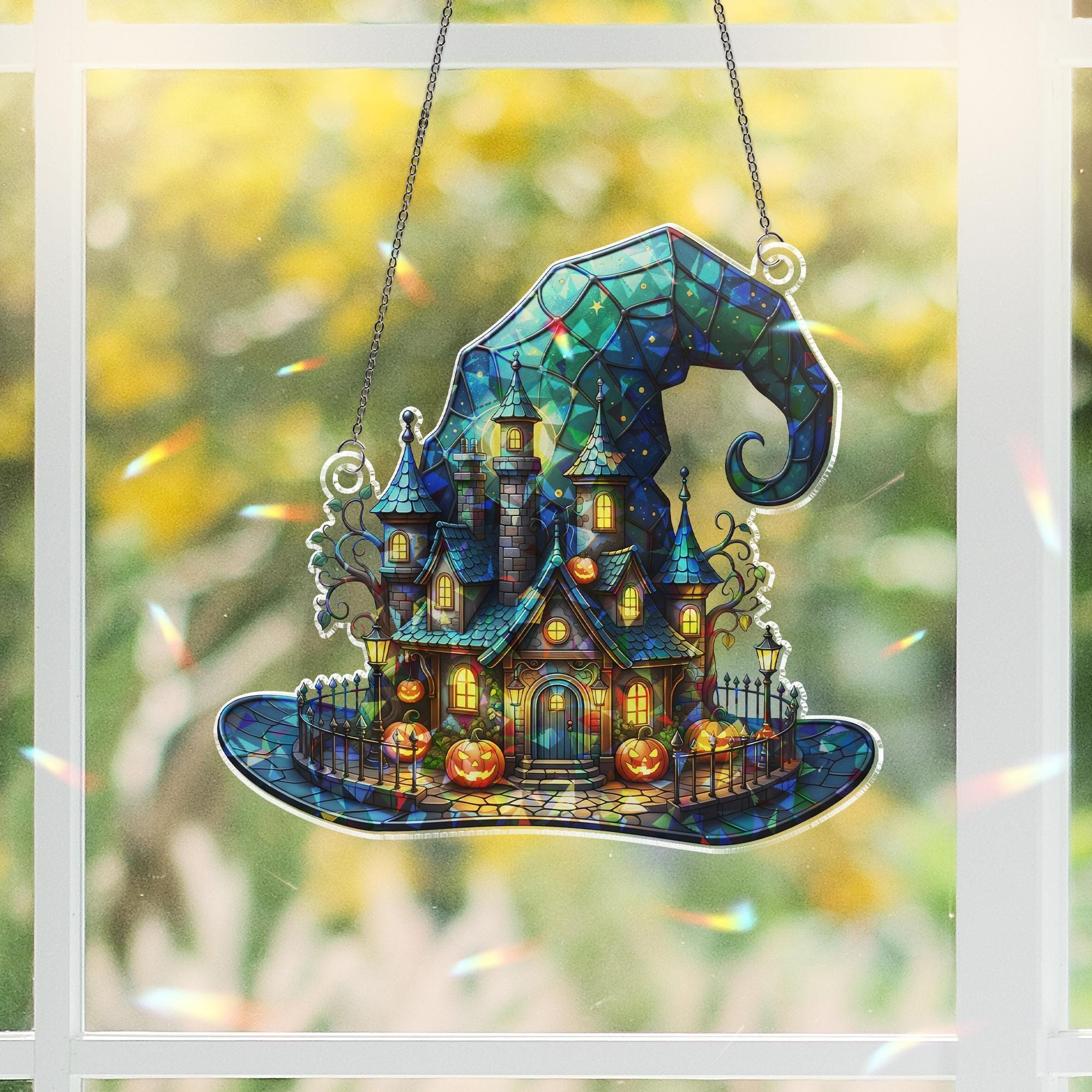 Flat Witch Hat House Hologram, Halloween Window Decor, Spooky Pumpkin Castle Art, Fall Witchy Hanging Accent for Home