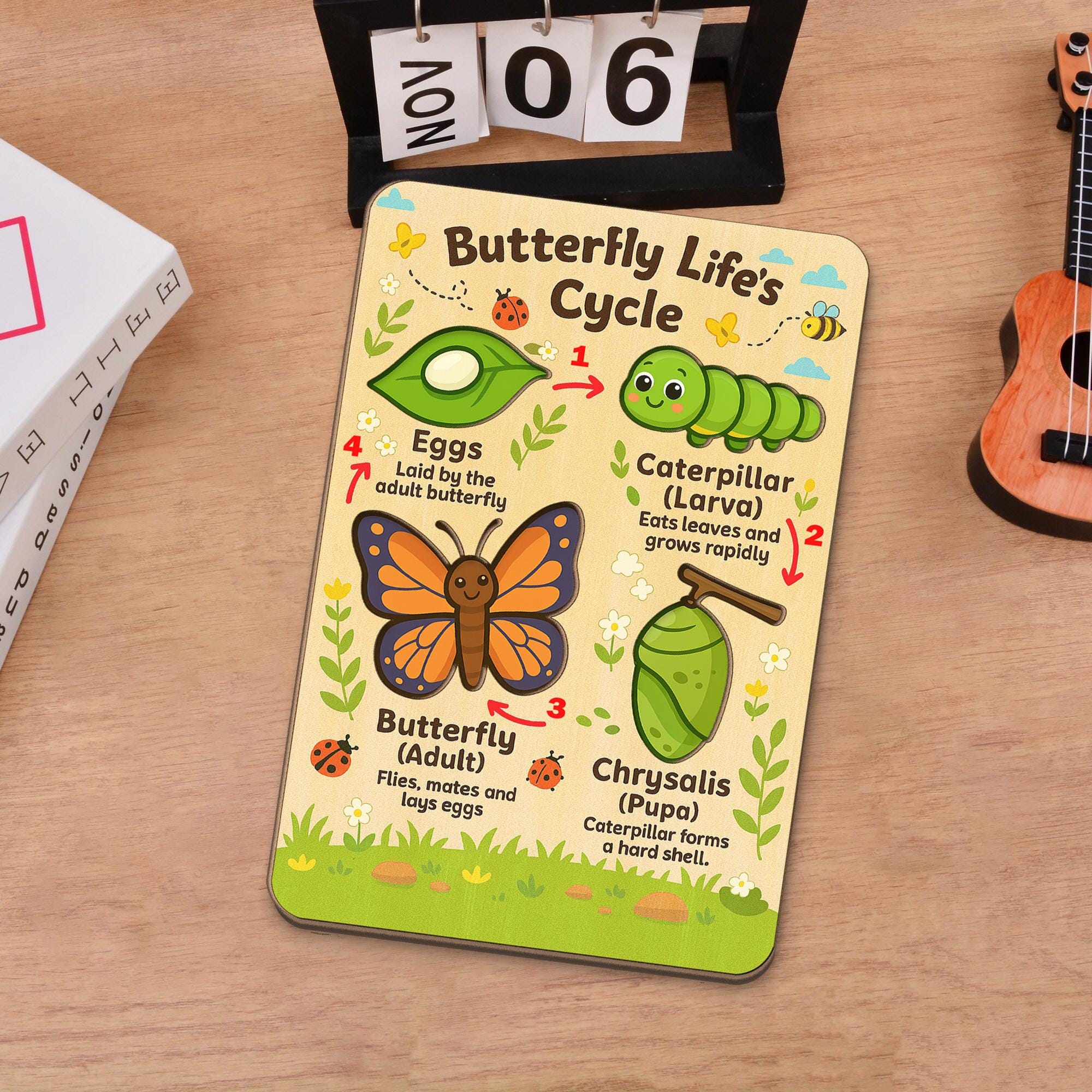 Butterfly Life Cycle Wooden Puzzle - Montessori Learning Toy for Toddlers, Preschool Educational STEM Board for Nature & Science Fun