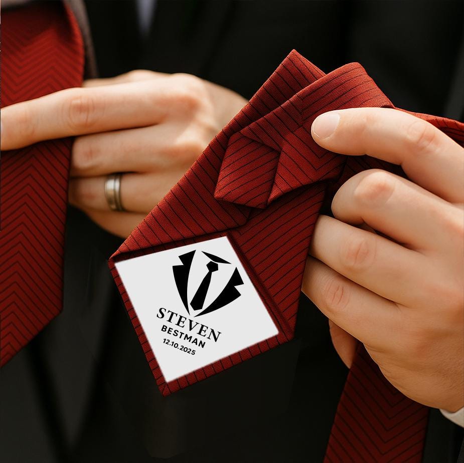 Custom Wedding Necktie with Personalized Photo Tie Patch – Groomsmen, Best Man, Father of the Bride Gift with Monogram & Date