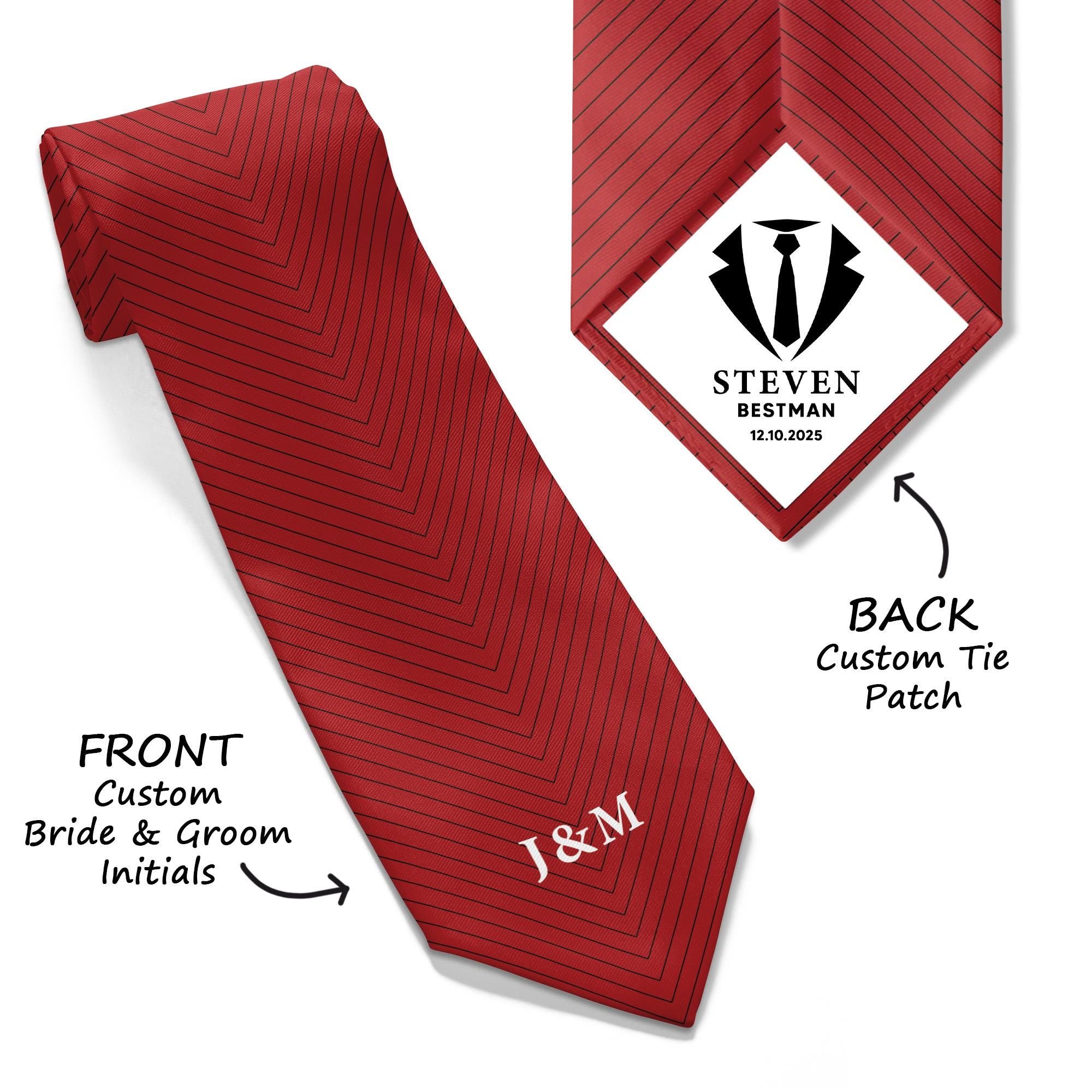 Custom Wedding Necktie with Personalized Photo Tie Patch – Groomsmen, Best Man, Father of the Bride Gift with Monogram & Date