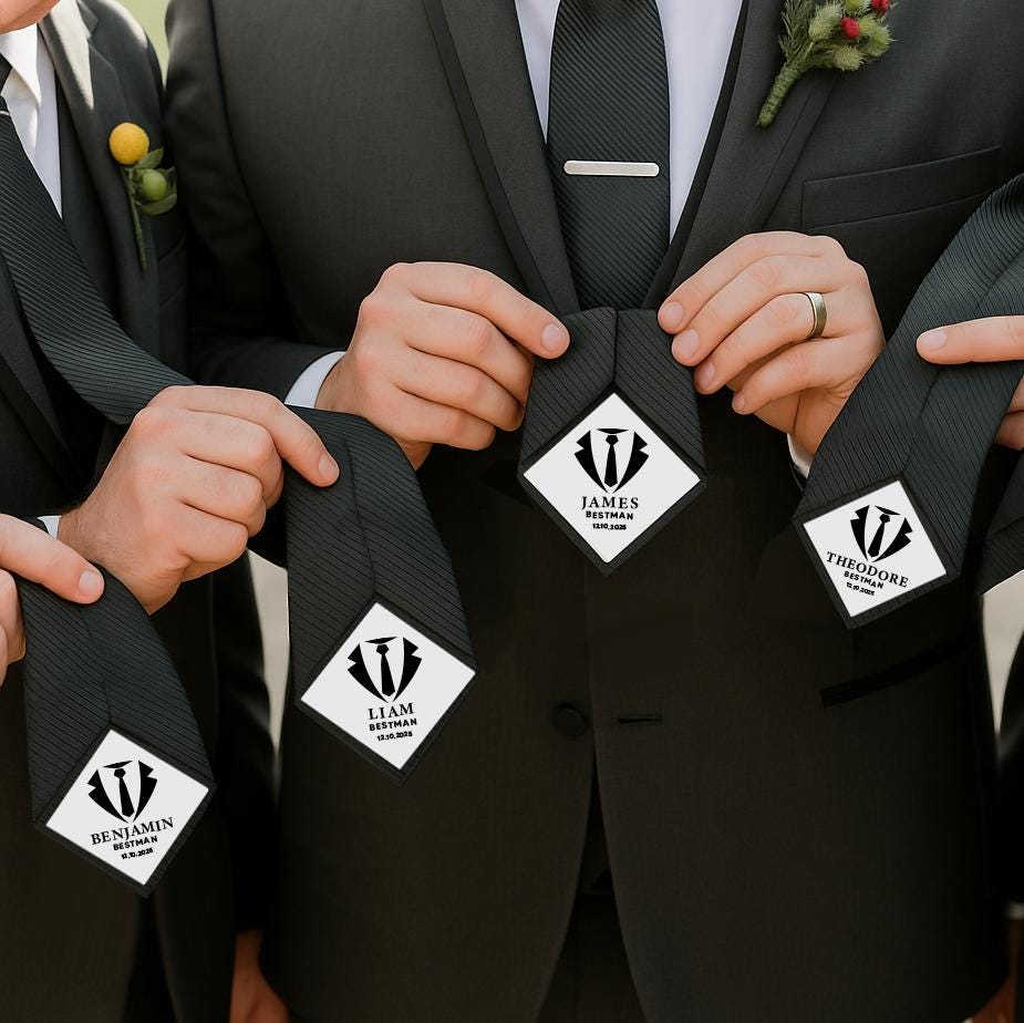Custom Wedding Necktie with Personalized Photo Tie Patch – Groomsmen, Best Man, Father of the Bride Gift with Monogram & Date
