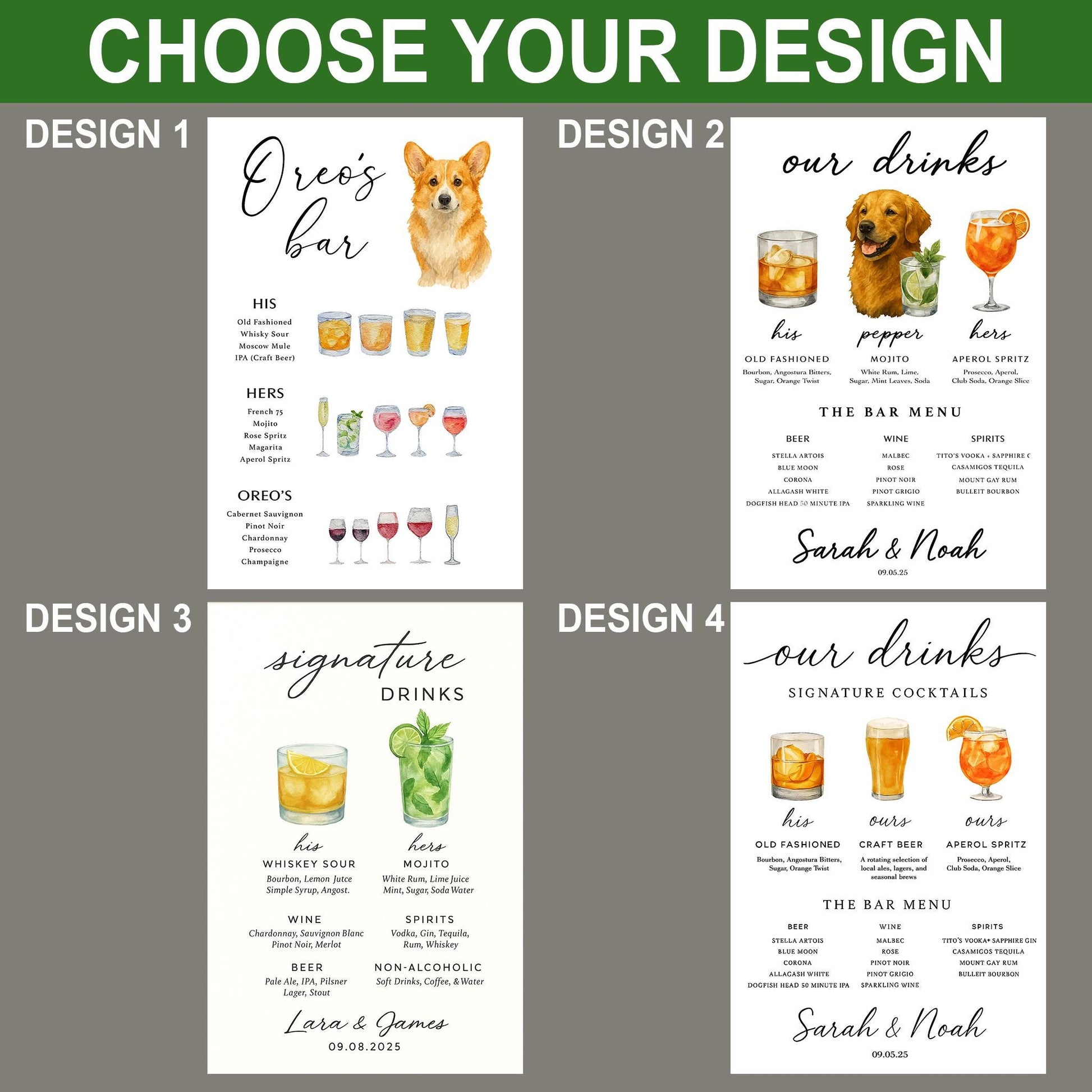 Custom Acrylic Wedding Bar Sign – His & Hers Signature Drinks Menu with Pet Portrait – Personalized Cocktail Sign for Reception Decor