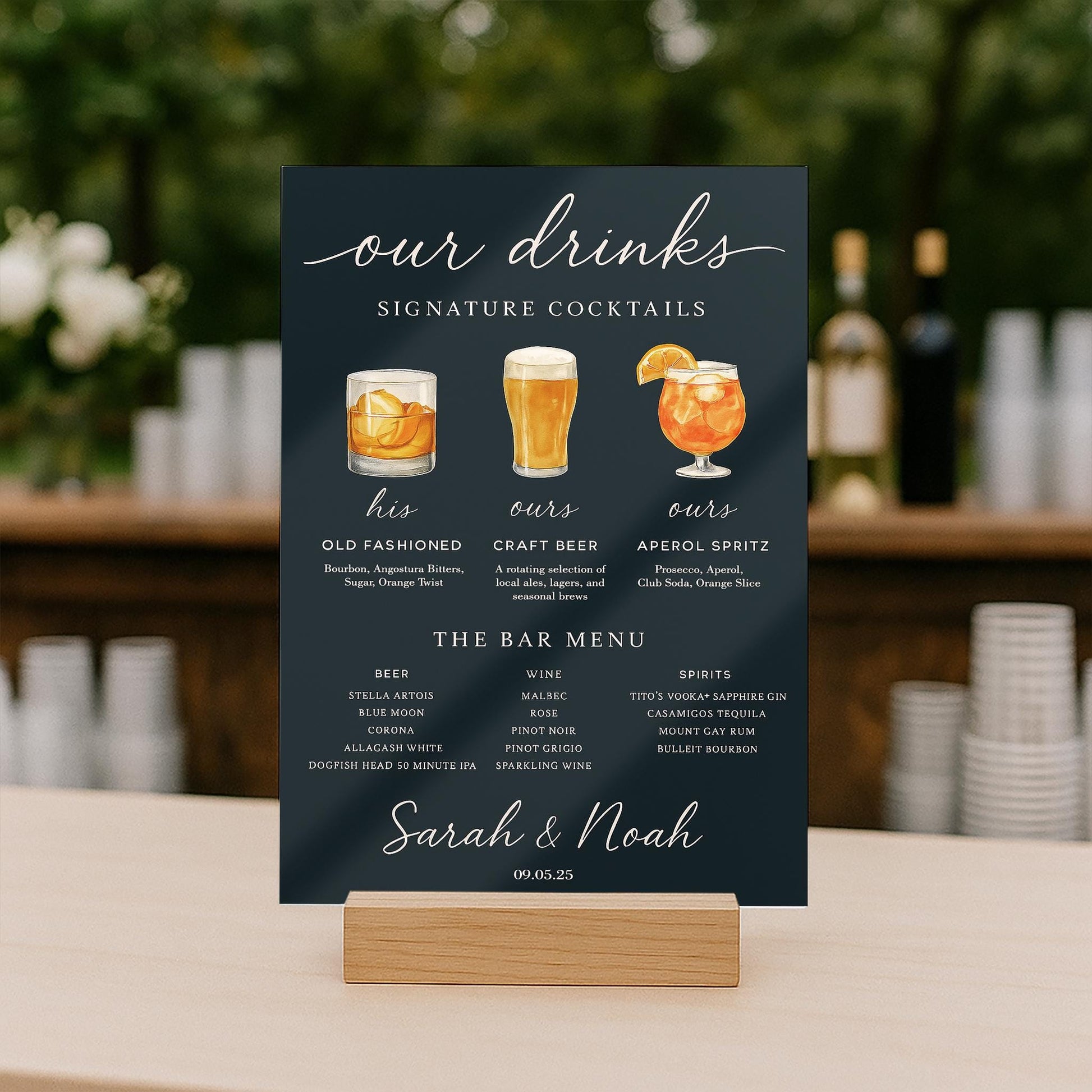 Custom Acrylic Wedding Bar Sign – His & Hers Signature Drinks Menu with Pet Portrait – Personalized Cocktail Sign for Reception Decor
