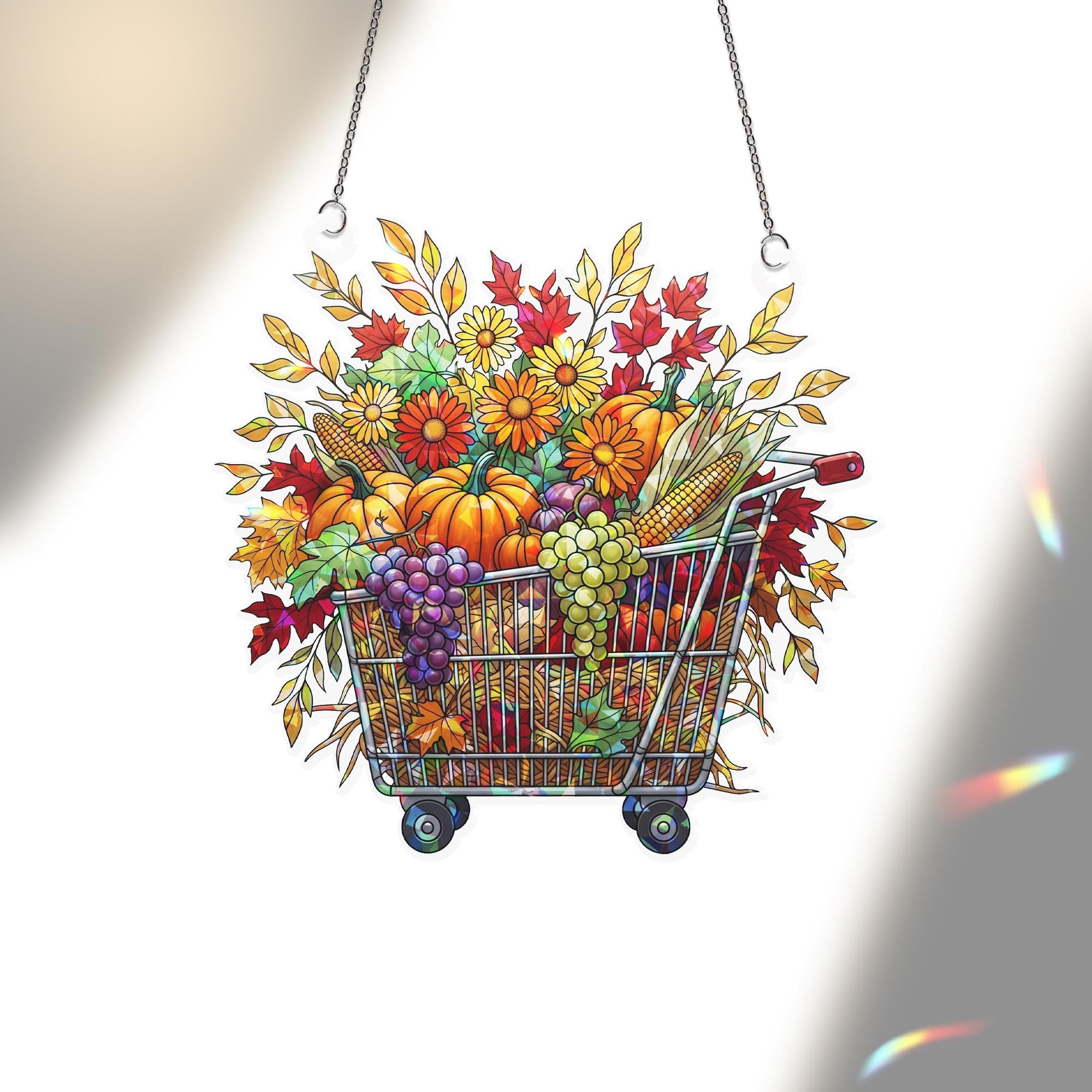 Fall Harvest Cart Window Hanging – Holographic Autumn Suncatcher with Pumpkins, Grapes & Flowers, Seasonal Thanksgiving Decor