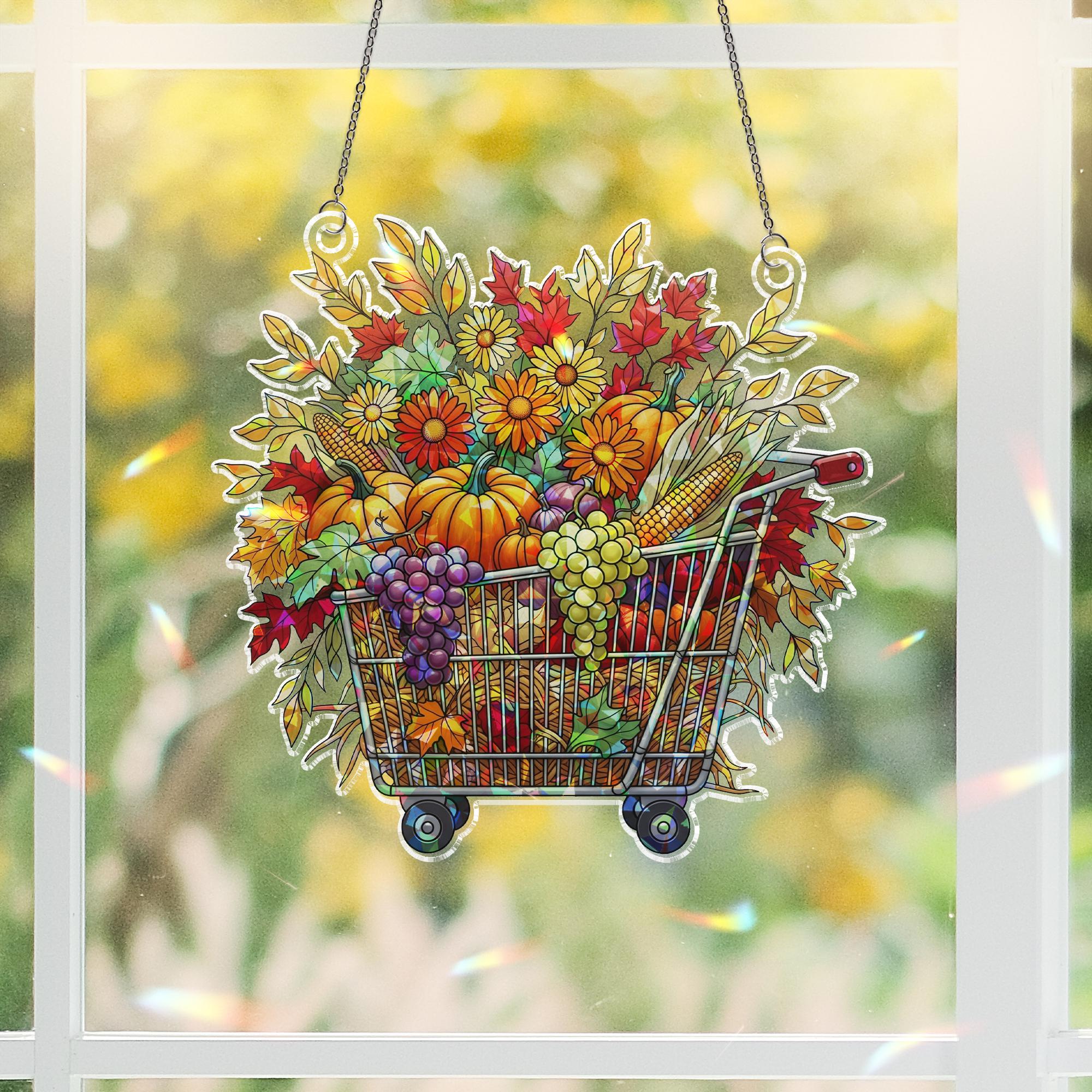 Fall Harvest Cart Window Hanging – Holographic Autumn Suncatcher with Pumpkins, Grapes & Flowers, Seasonal Thanksgiving Decor