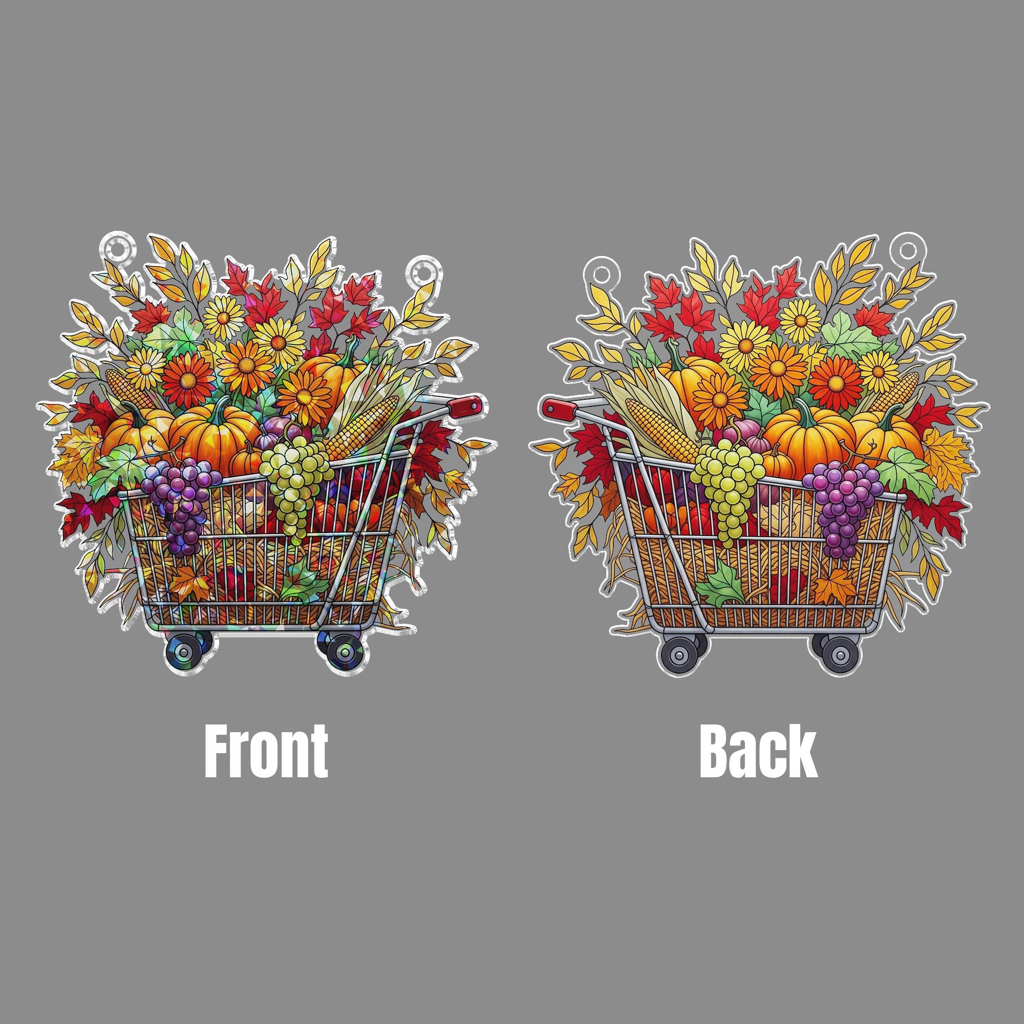 Fall Harvest Cart Window Hanging – Holographic Autumn Suncatcher with Pumpkins, Grapes & Flowers, Seasonal Thanksgiving Decor