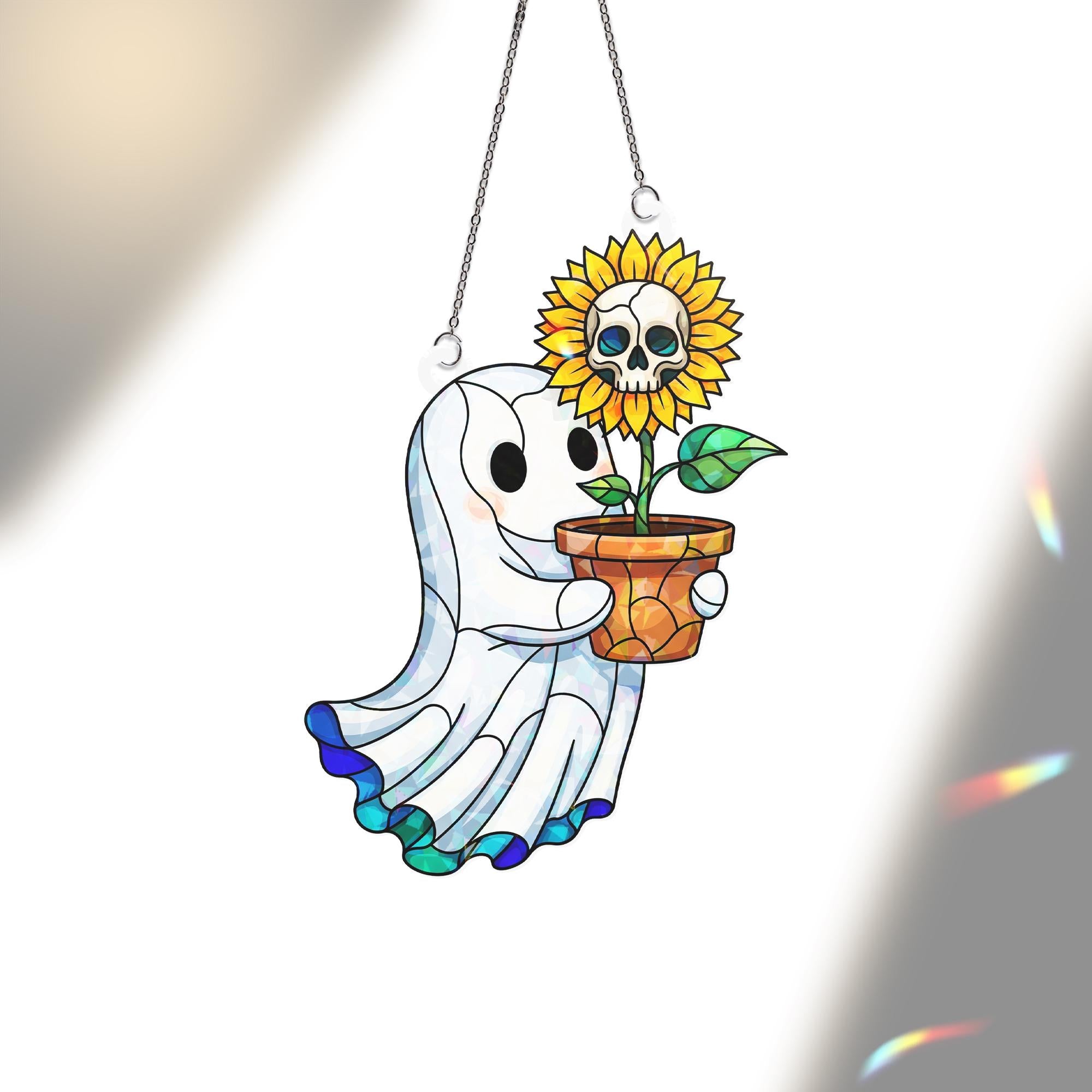 Cute Ghost & Skull Sunflower Window Hanging – Holographic Halloween Suncatcher, Spooky Ghost Decor for Fall, Sun Catcher Gift