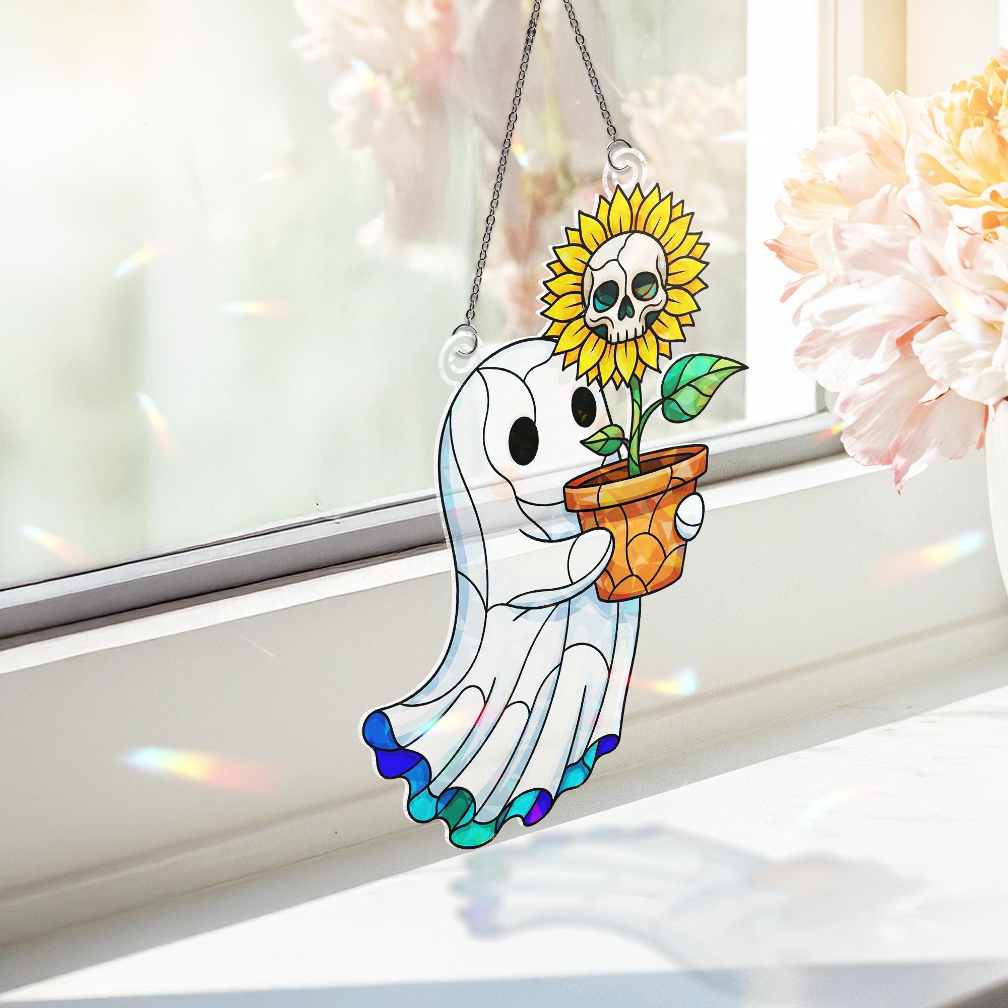 Cute Ghost & Skull Sunflower Window Hanging – Holographic Halloween Suncatcher, Spooky Ghost Decor for Fall, Sun Catcher Gift