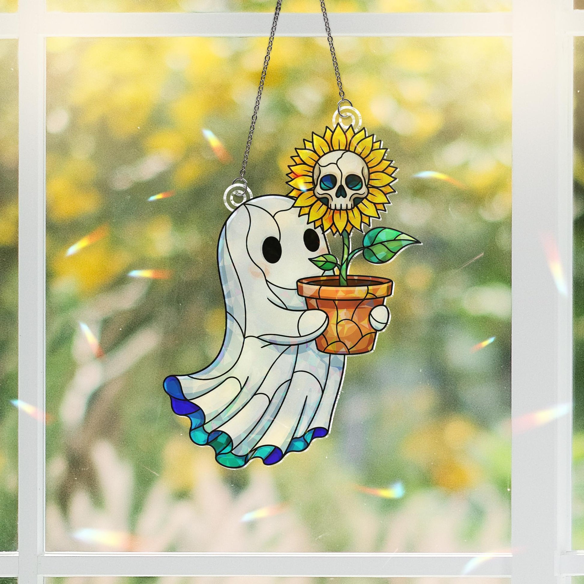 Cute Ghost & Skull Sunflower Window Hanging – Holographic Halloween Suncatcher, Spooky Ghost Decor for Fall, Sun Catcher Gift
