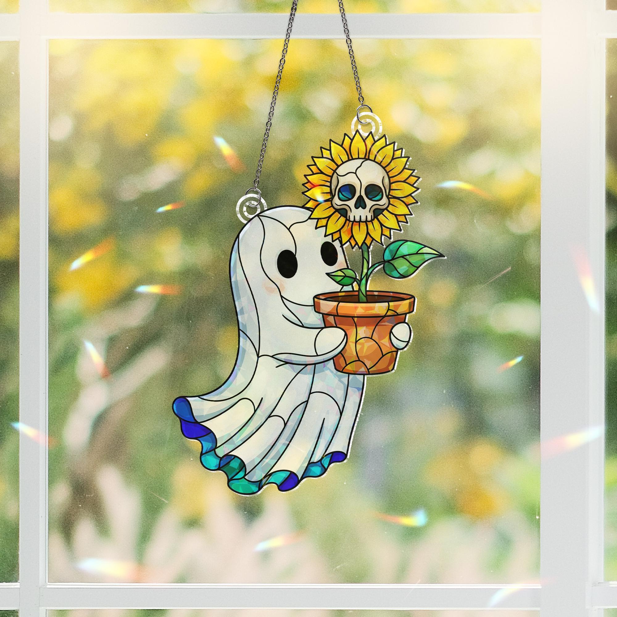 Cute Ghost & Skull Sunflower Window Hanging – Holographic Halloween Suncatcher, Spooky Ghost Decor for Fall, Sun Catcher Gift