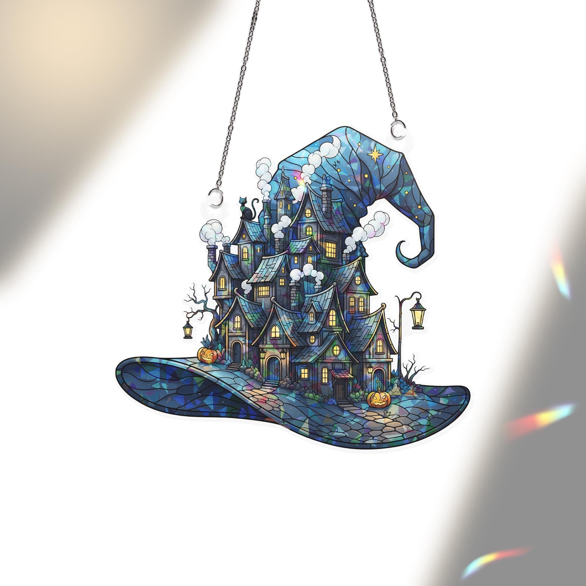 Haunted House Witch Hat Window Hanging – Holographic Halloween Suncatcher, Spooky Fall Decor, Witchy Home Gift, Gothic Wall Art