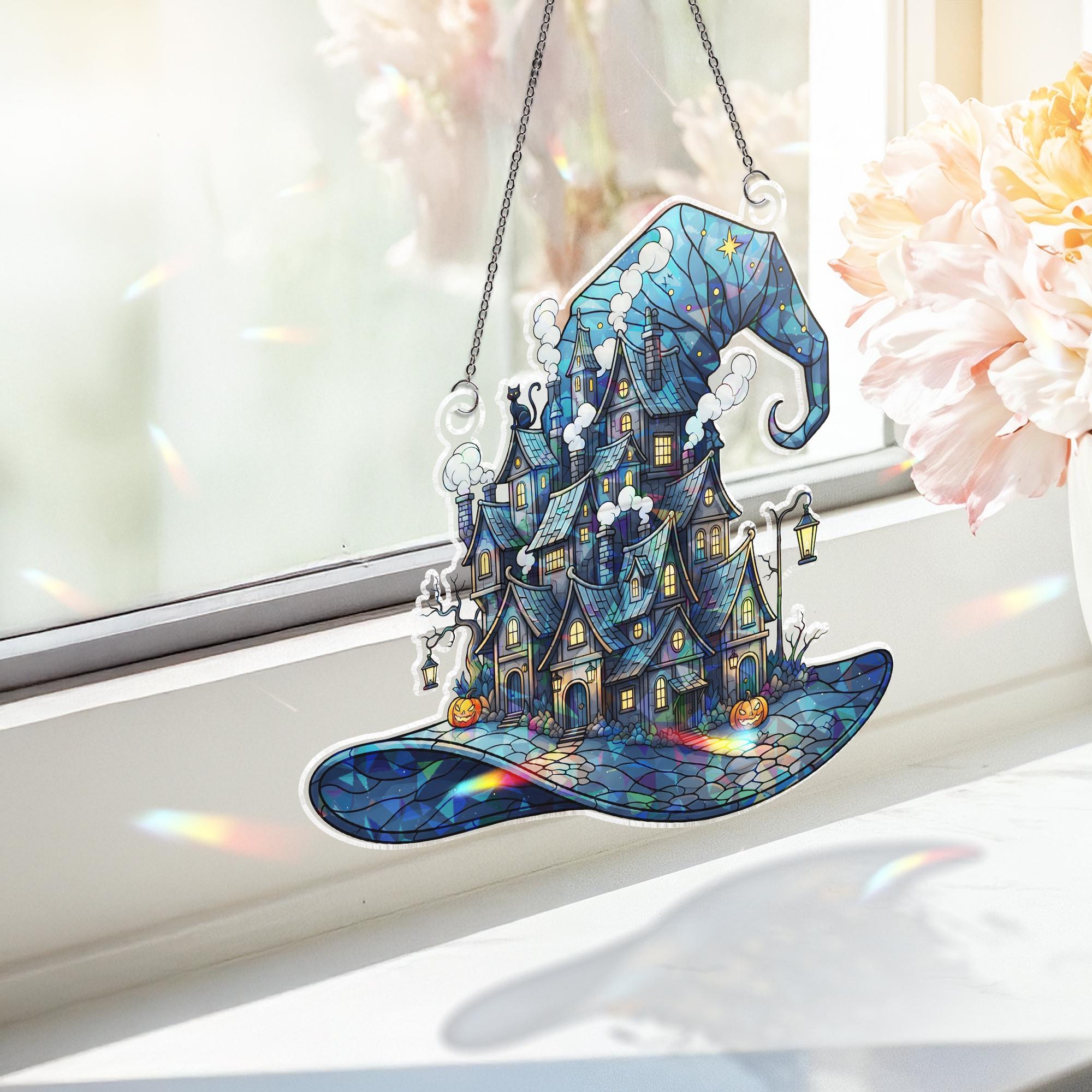 Haunted House Witch Hat Window Hanging – Holographic Halloween Suncatcher, Spooky Fall Decor, Witchy Home Gift, Gothic Wall Art