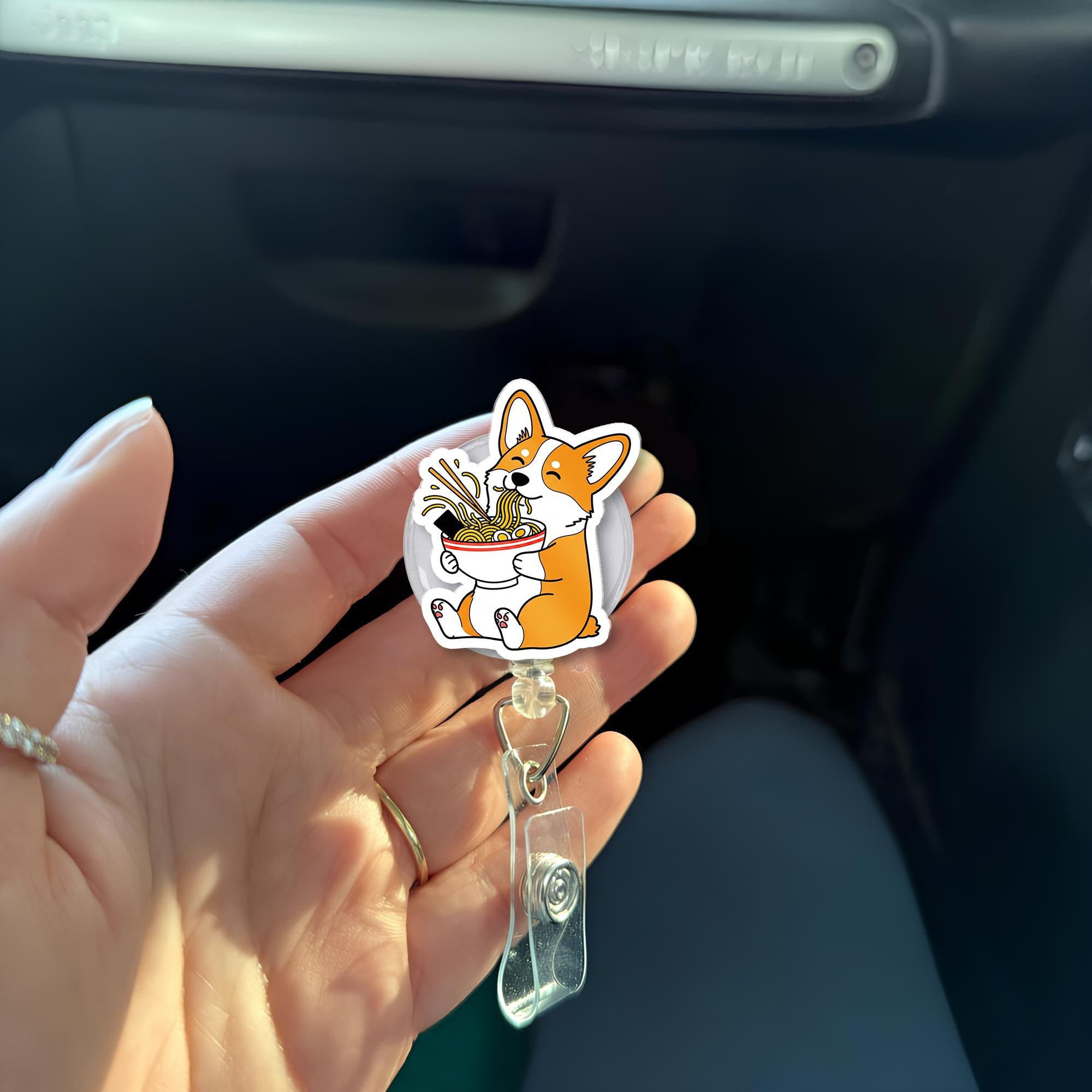 Corgi Noodle Bowl Badge Reel – Cute Dog ID Holder for Nurses, Vets, Foodies & Dog Lovers, Retractable Clip for Work or School Lanyards