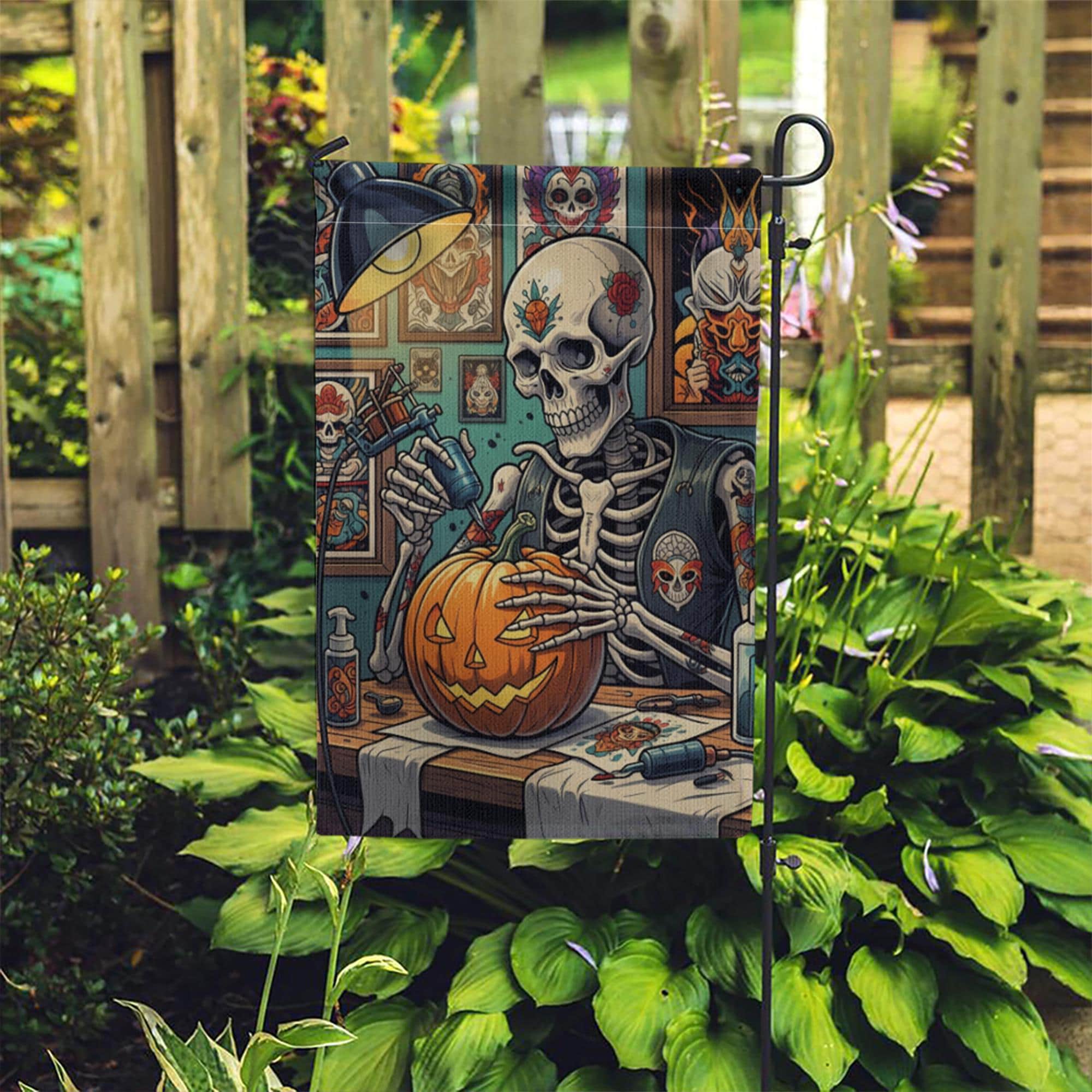Tattoo Skeleton Halloween Garden Flag – Spooky Jack-O'-Lantern Decor for Fall, Goth Yard Art, Pumpkin Inked Outdoor Flag